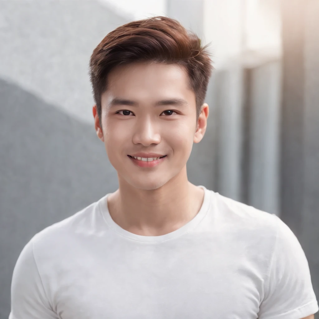 (Photo: 1.3) af (realistic: 1.3), East Asian man, soft light, clear face, front, ((white T-shirt)), cheerful, warm light, ((gray-white gradient background)), smile, (background)) ,avatar,(short hair),handsome,young,,short hair,((avatar))