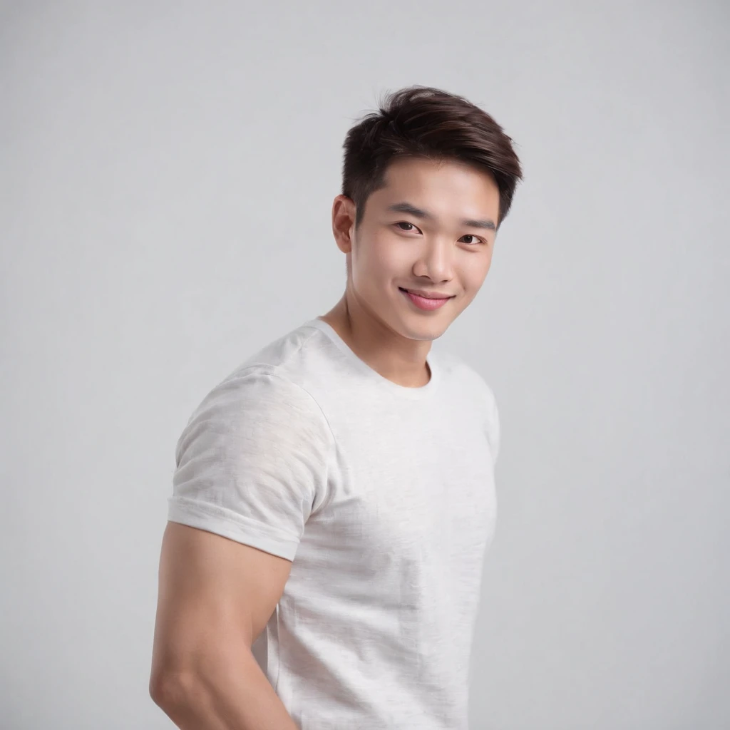 (Photo: 1.3) af (realistic: 1.3), East Asian man, soft light, clear face, front, ((white T-shirt)), cheerful, warm light, ((gray-white gradient background)), smile, (background)) ,avatar,(short hair),handsome,young,,short hair,((avatar))