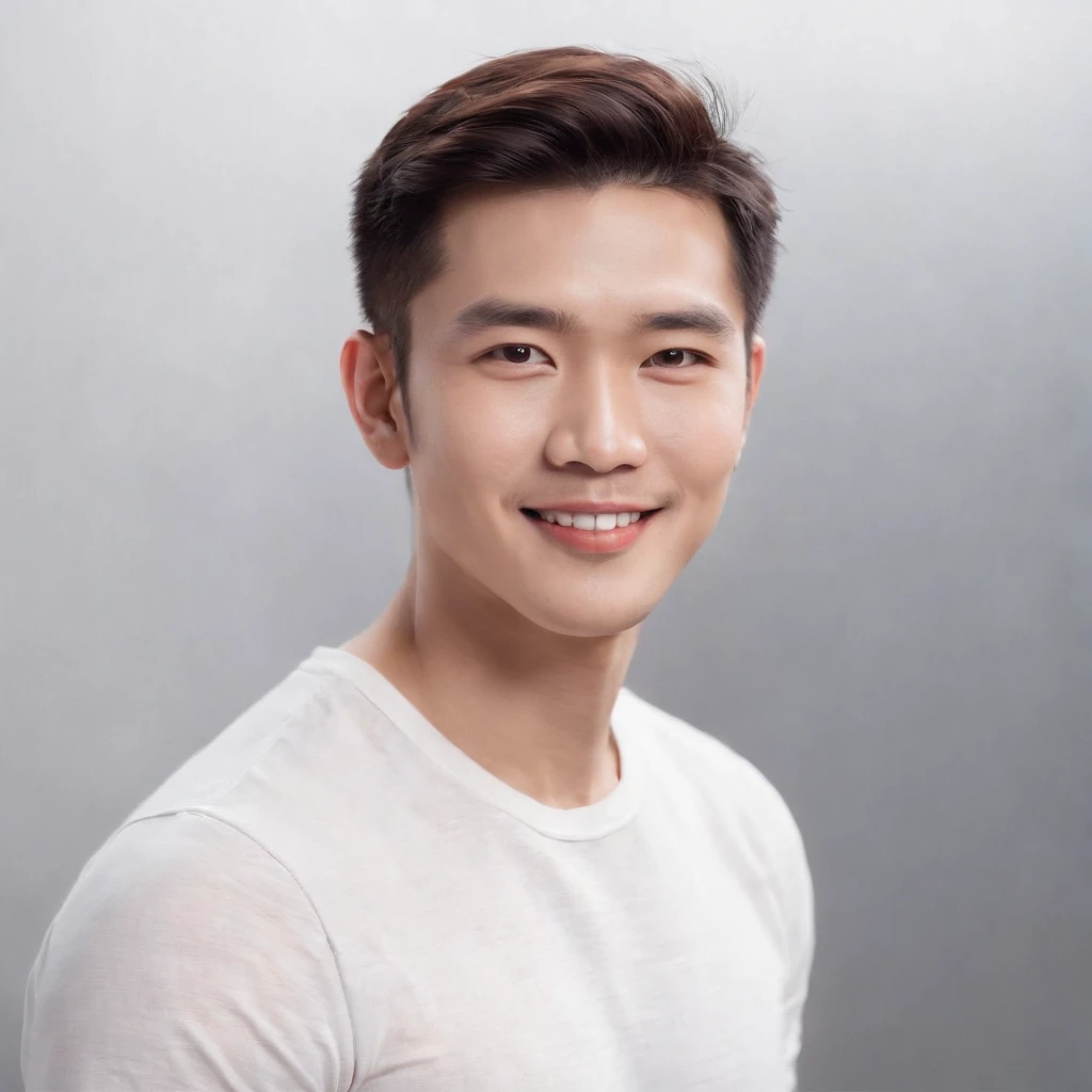 (Photo: 1.3) af (realistic: 1.3), East Asian man, soft light, clear face, front, ((white T-shirt)), cheerful, warm light, ((gray-white gradient background)), smile, (background)) ,avatar,(short hair),handsome,young,,short hair,((avatar))
