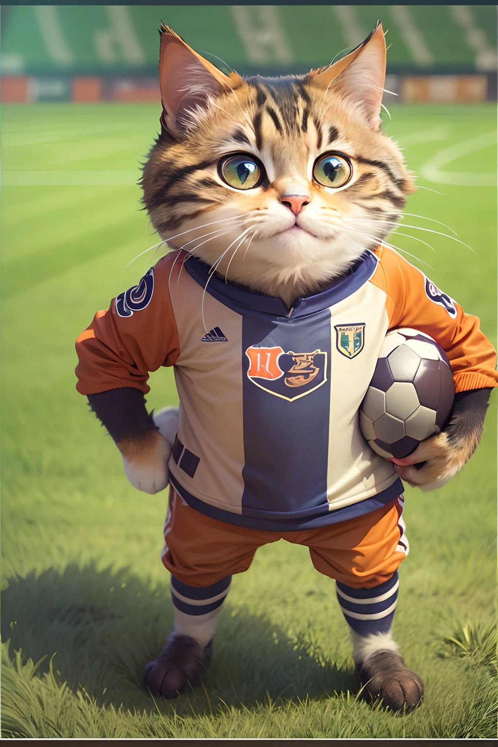 A cute cat with round eyes acts as a goalkeeper, Wear a football jersey, Play soccer on the grass field,