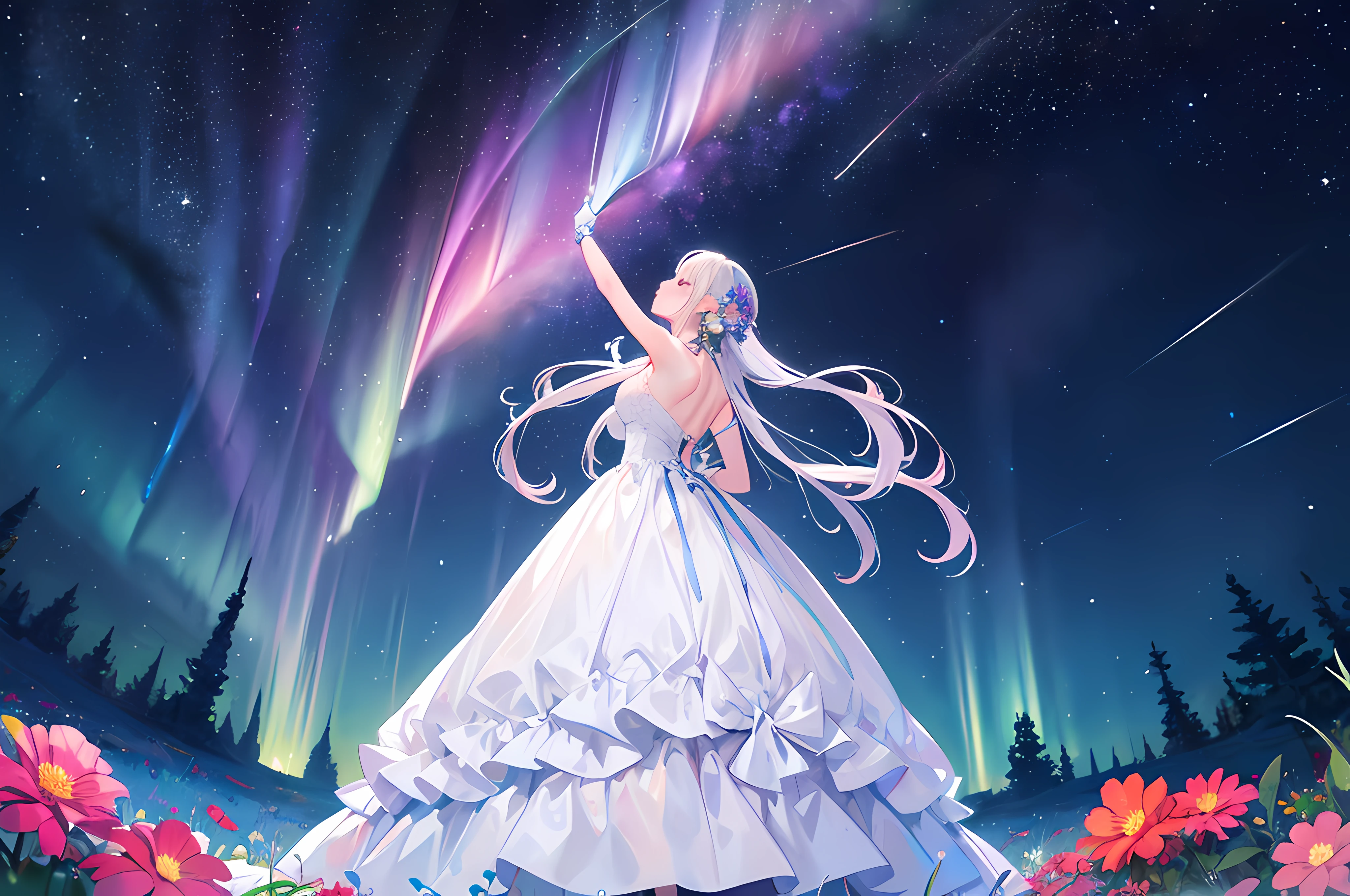 1girl, Masterpiece, best quality, ultra highres, extremely detailed CG, 8k wallpaper, full body, (god view:1.4), illustration, (back view), from behind, (look up at sky, from below, dynamic angle:1.2), brilliant aurora, galaxy, night sky, shooting star, sky, space, planet, starry background, (standing on plain filled with flowers:1.2), (Female wearing white dress),
