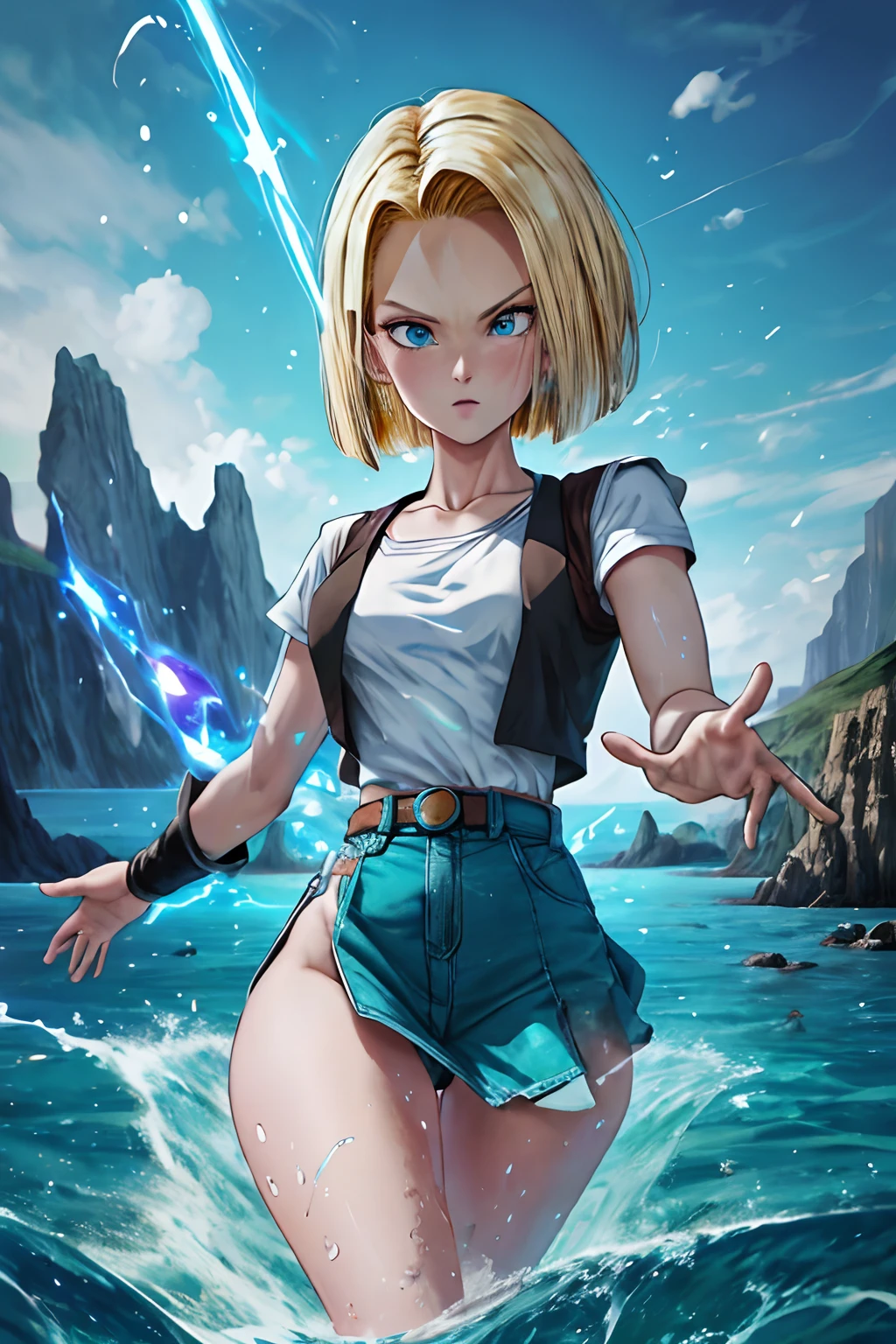 dbz, android 18, charging energy, floating above water, blue aura, high res, cliffs in background, people in the background