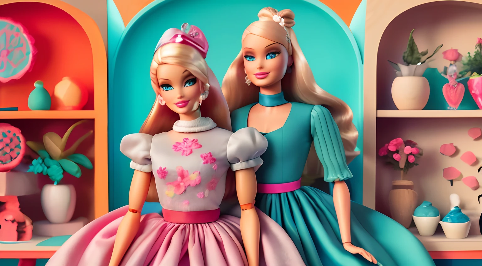 barbie and her sister are standing in front of a shelf with flowers, barbie, portrait of barbie doll, barbie doll, by Pedro Pedraja, by Mario Bardi, profile pic, barbie or ken doll, plastic barbie doll, inspired by Tommaso Dolabella, by Fyodor Rokotov, by Miroslava Sviridova