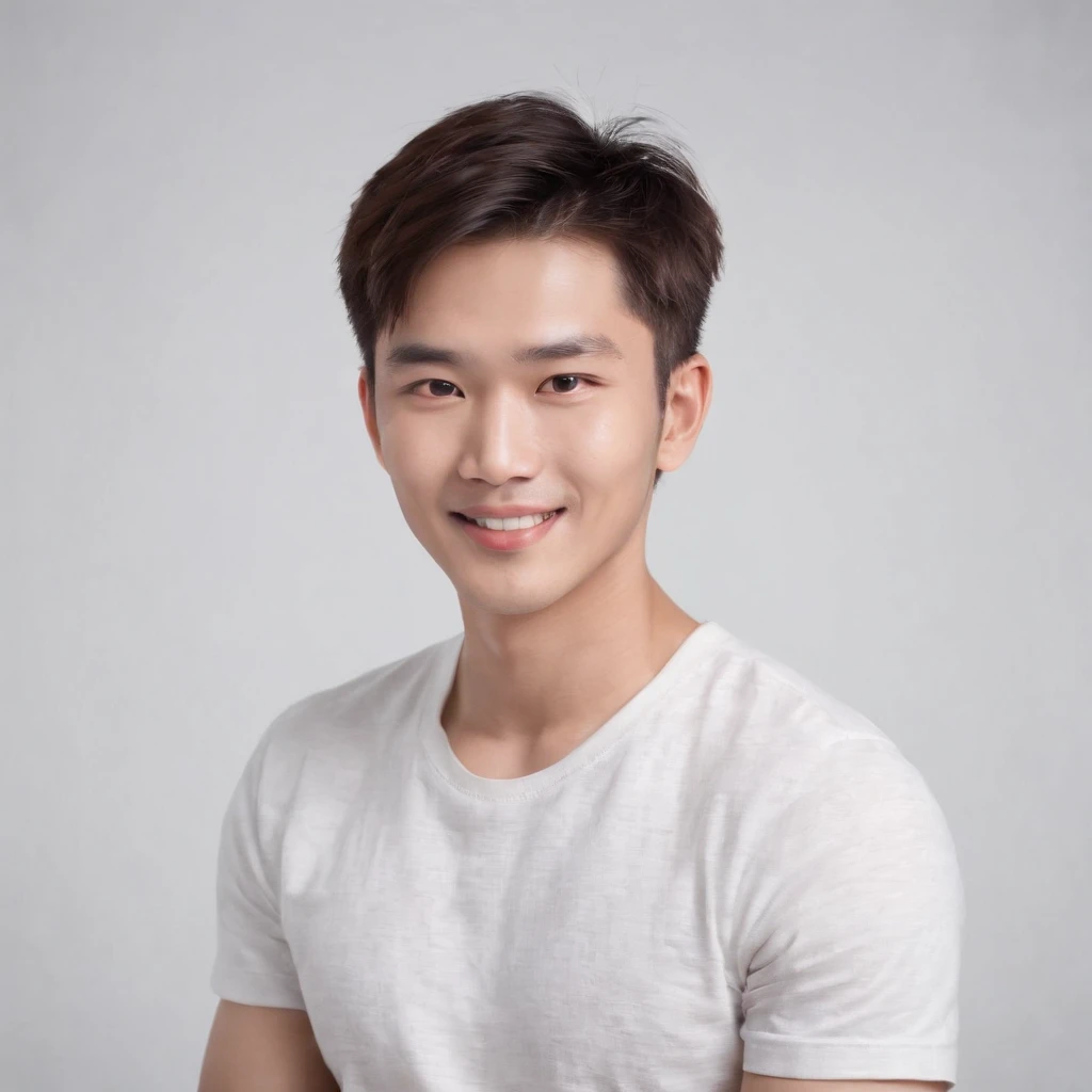 (Photo: 1.3) af (realistic: 1.3), East Asian man, soft light, clear face, front, ((white T-shirt)), cheerful, warm light, ((gray-white gradient background)), smile, (background)) ,avatar,(short hair),handsome,young,,short hair,((avatar))