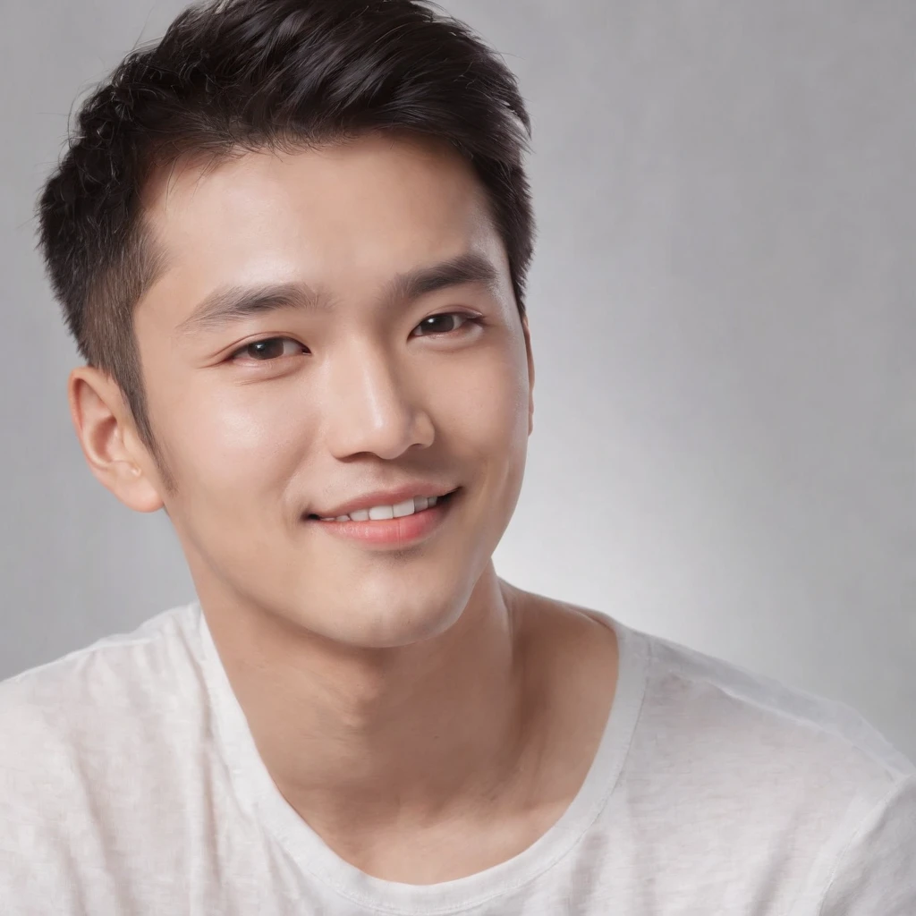 (Photo: 1.3) af (realistic: 1.3), East Asian man, soft light, clear face, front, ((white T-shirt)), cheerful, warm light, ((gray-white gradient background)), smile, (background)) ,avatar,(short hair),handsome,young,,short hair,((avatar))