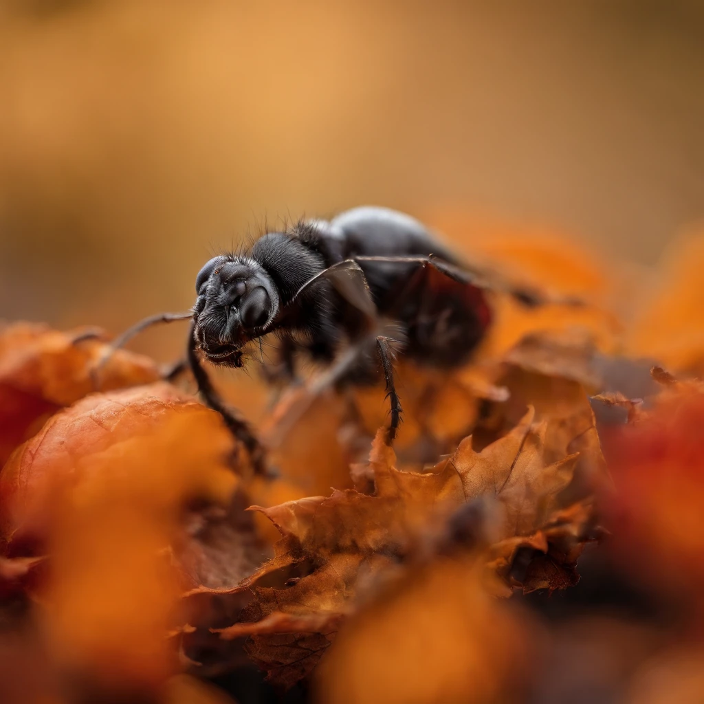 an ant on the top of Halloween pumpkin,in a panoramic view,(tmasterpiece,best qualityer:1.2),very delicate beautiful,the best lights,The best shadow,Render the background, stylized 3d render,Beautiful scenery, Autumn, Red maples fly, Long lens tracking photography