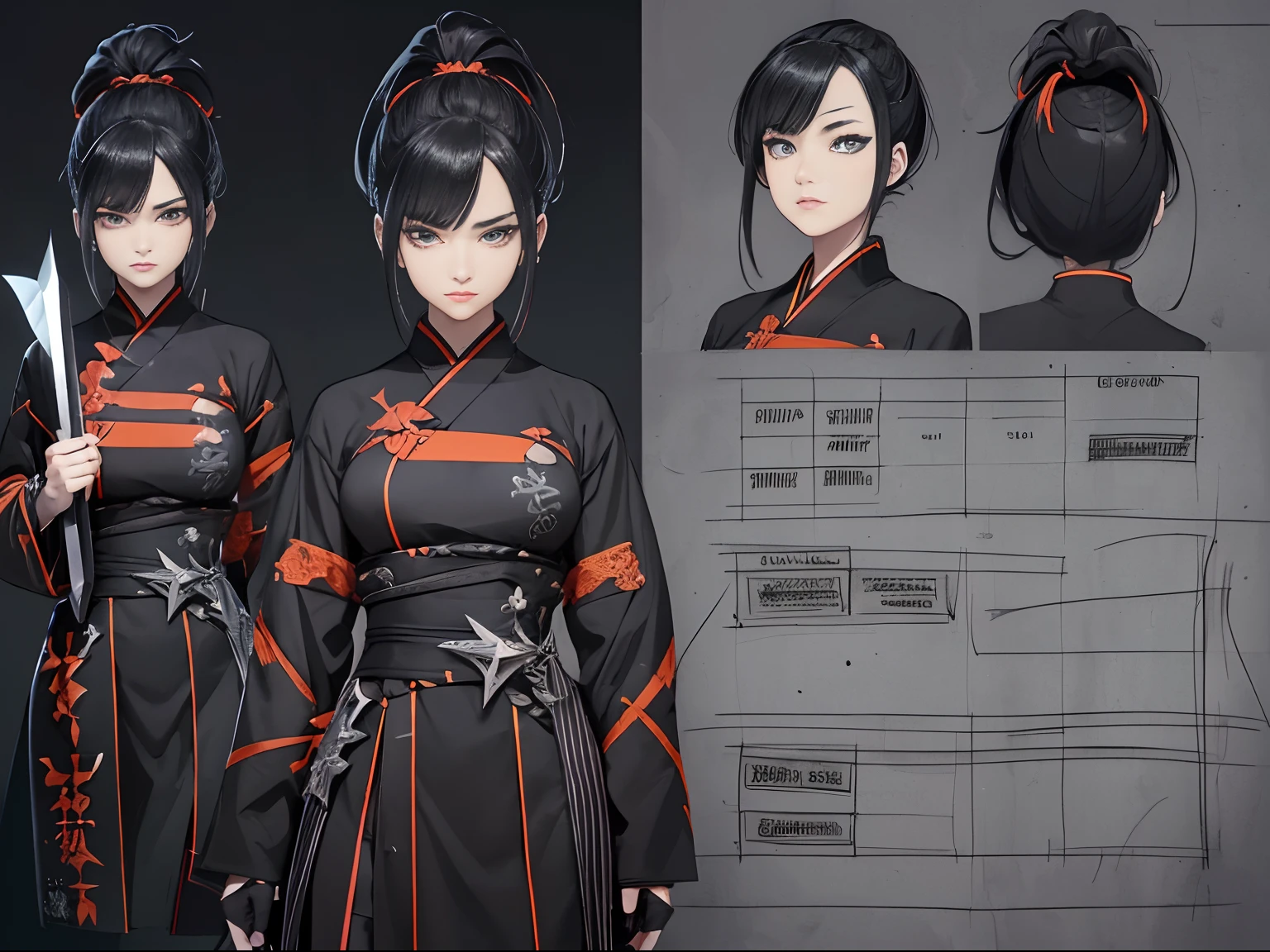 (A beautiful 25 years old Japanese Female Vampire Ninja, (High Ponytail Black Hair), (Wearing Black Ninja Outfit with Orange Linings), (has Twin Daggers as Her Weapon), (Character Concept Art), (Grey Background:1.4), (Character Sheet:1.6), Character Sketch, Stylized Digital Arts, Bits of Color, Masterpiece, Hand Drawn Sketch, (Realistic Drawing:1.4), High Detail, (Mix of Bold Dark Lines and Loose Lines), Bold Lines, Writings, Arcane Symbols, Runes, Gritty, Dark Theme, Intricate Artwork, 8k