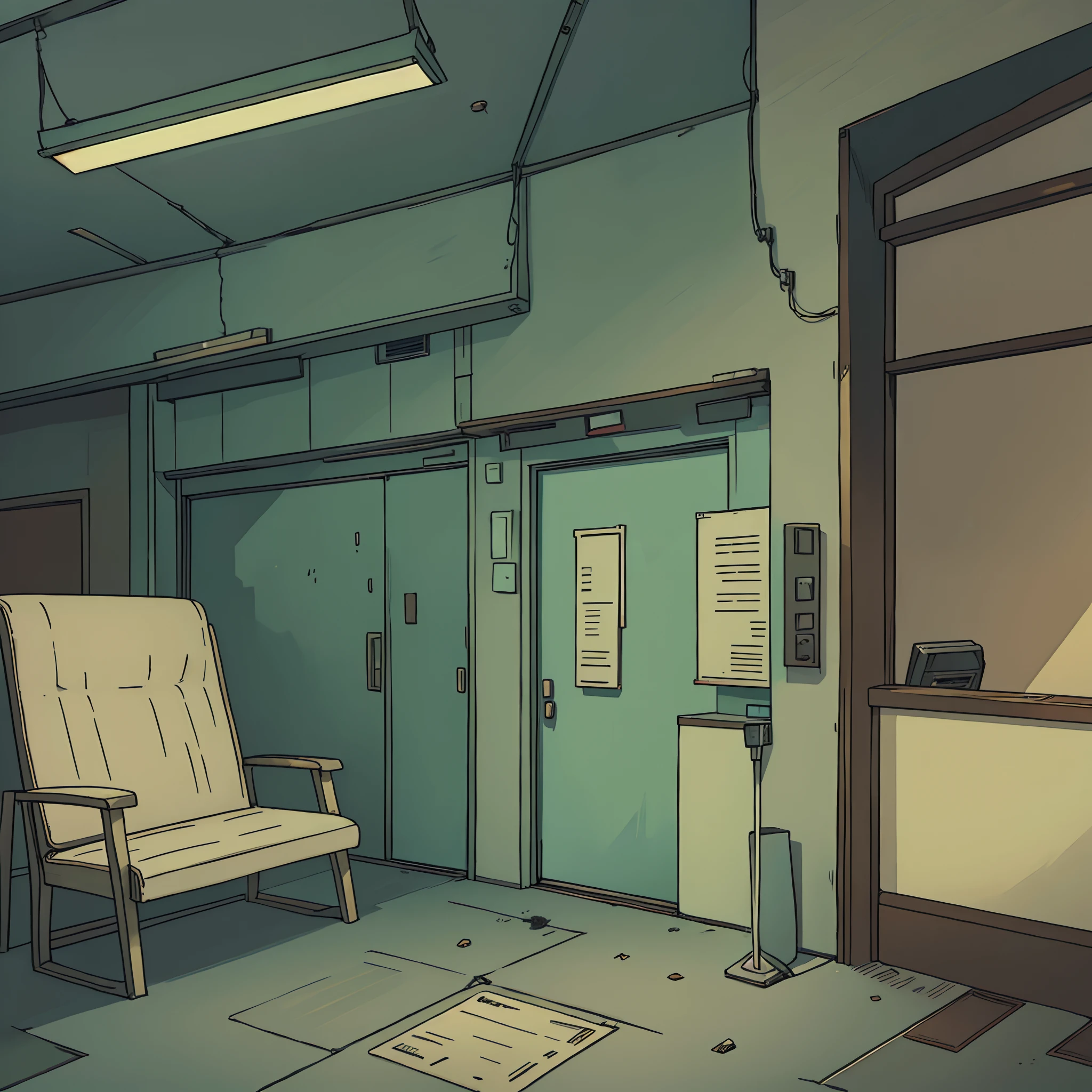 perfect anime illustration, Old Dirty Reception, Deserted, Hotel Reception, cheaply, dim lights