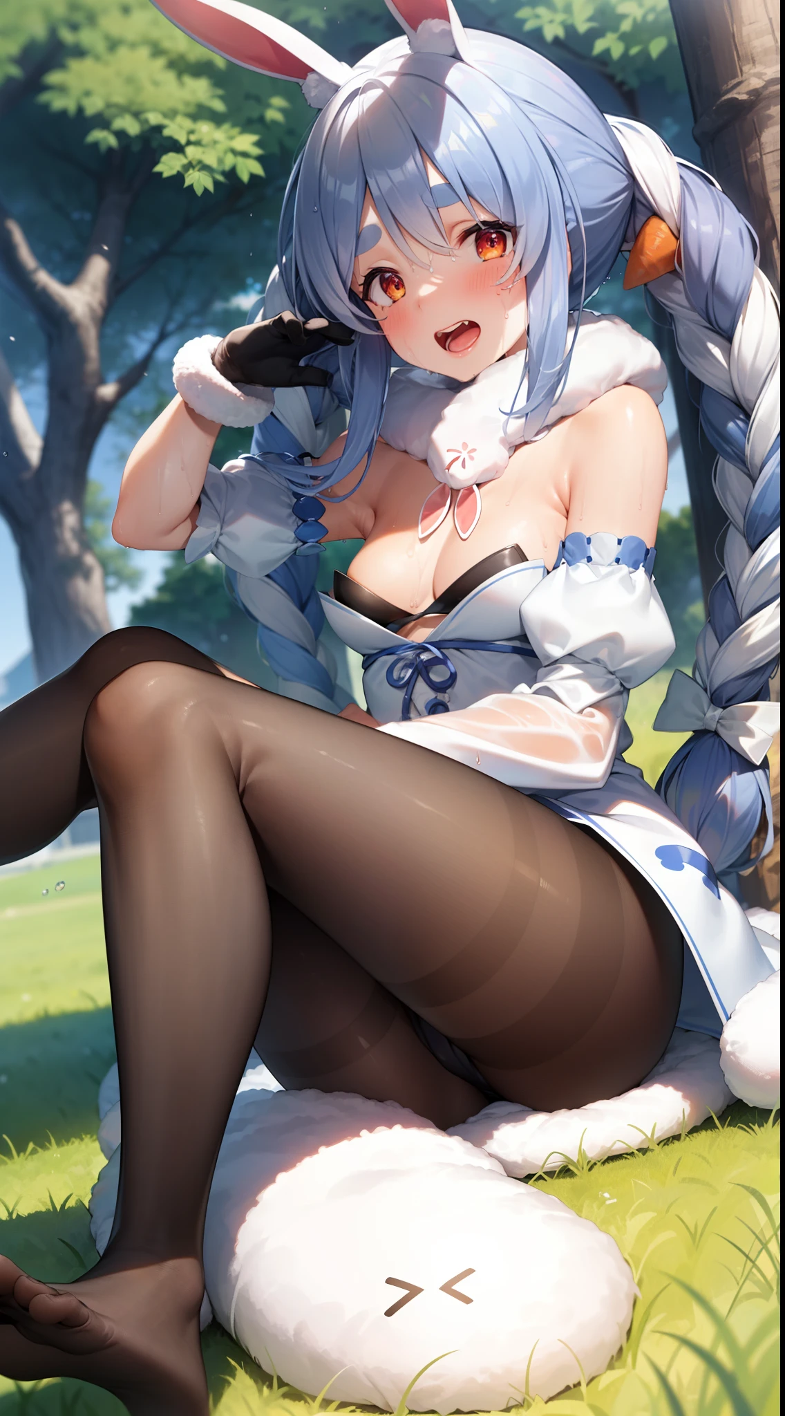 1girl,pekora,doyagao,open mouth,small lady serenity,a dress with long sleeves,shoulder,sitting,(black pantyhose1.5),five toes,2legs,legs focus,sweating,under the tree, low-angel-view,wet clothes,flip hair,armpit,