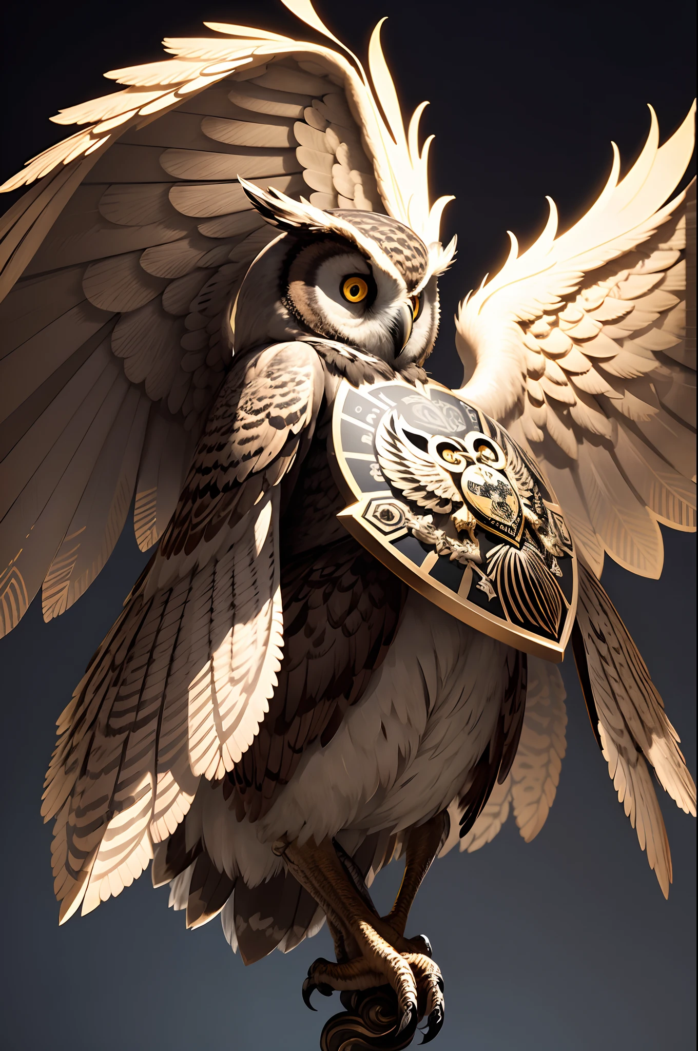 Owl with wings and shield isolated on black background, Vector art inspired by Cedric Sheet (Keos Masons), cgsociety, Digital Art, With owl emblem, Owl Logo, Engraved vector image, emblem of wisdom, imperial symbol, album, shoulder patch design, Majestic symmetrical earthworm wings, Royal insignia on the background, high quality scan, hali々and clothes