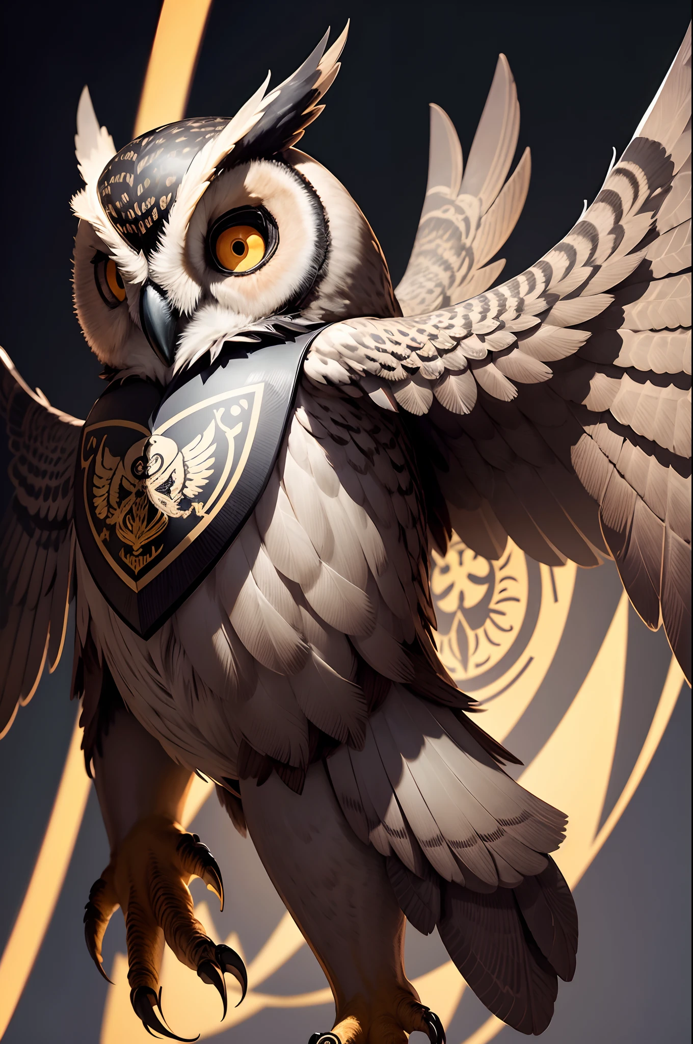 Owl with wings and shield isolated on black background, Vector art inspired by Cedric Sheet (Keos Masons), cgsociety, Digital Art, With owl emblem, Owl Logo, Engraved vector image, emblem of wisdom, imperial symbol, album, shoulder patch design, Majestic symmetrical earthworm wings, Royal insignia on the background, high quality scan, hali々and clothes