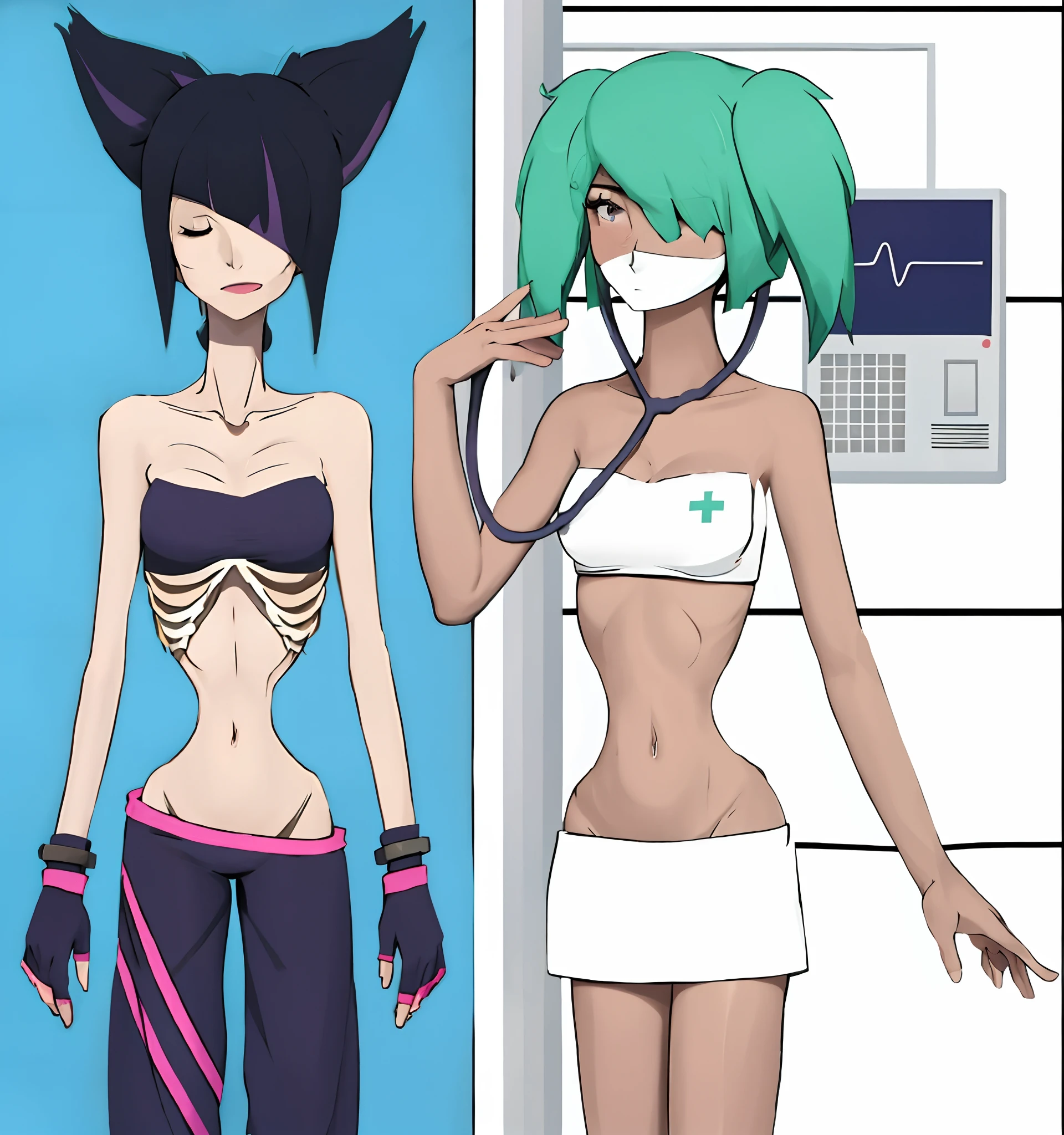 A woman and a doctor,Thin woman,Sunken belly,big breasts thin waist,Thin leg,sternum,the ribs,pelvic bone,hunger