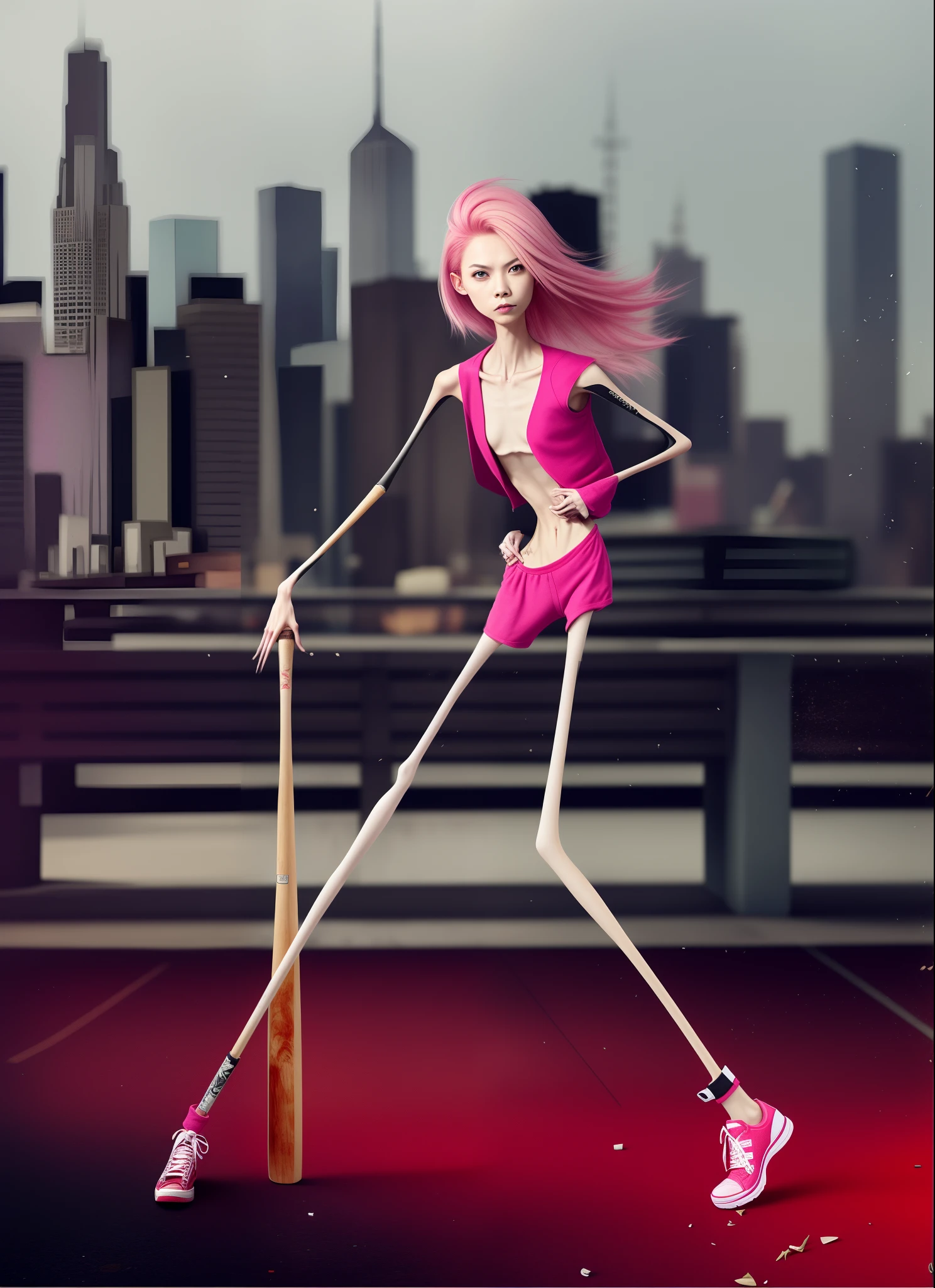 A thin woman with pink hair and a baseball bat, Skinny body and hungry stomach，Very slim waist and legs，anger expression，Skinny figure，Sunken belly