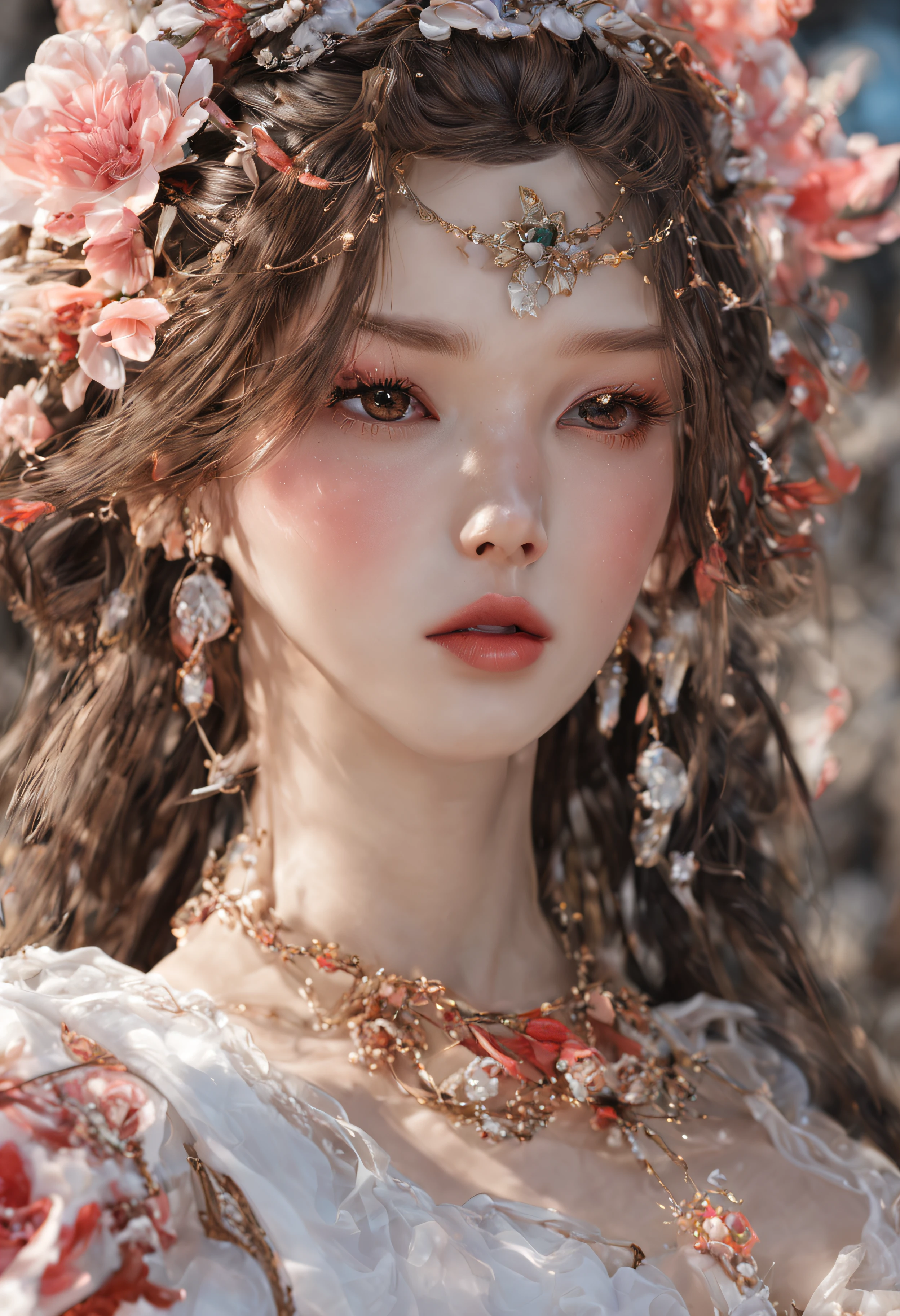 .Masterpiece:1.2, Best quality), Realistic, (Real picture, Intricate details, Depth of field), (1girll, Solo), make up, parted lip, highly detailed, Perfect face, (skin indentation), glossy coral lips,, Blushing, Raiden baal (raiden shougn) A scene from the《Genshin Impact》,high-detailed hands,