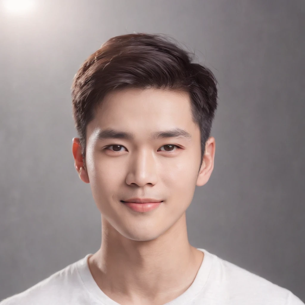 (Photo: 1.3) af (realistic: 1.3), East Asian man, soft light, clear face, front, ((white T-shirt)), cheerful, warm light, ((gray-white gradient background)), smile, (background)) ,avatar,(short hair),handsome,young,,short hair,((avatar))