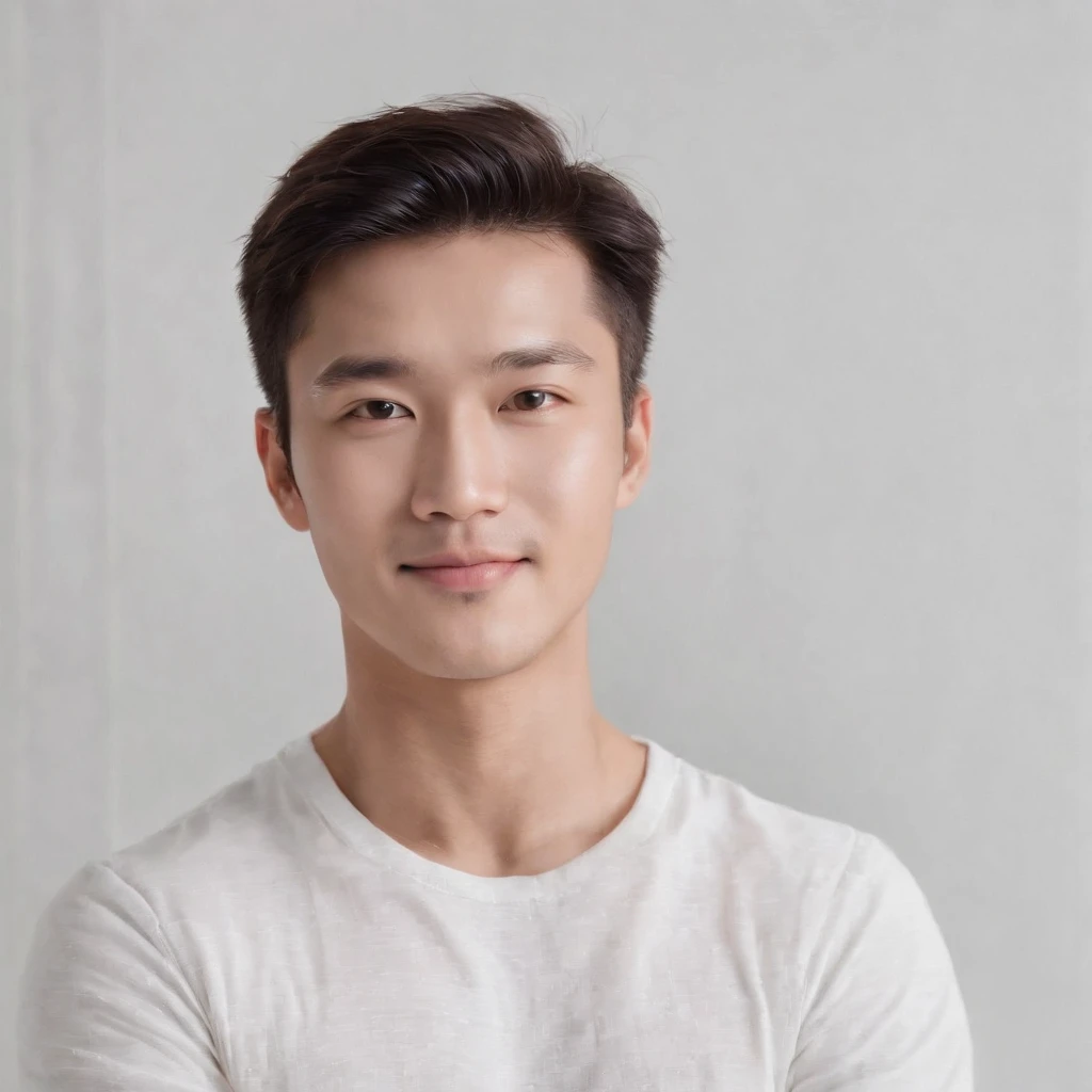 (Photo: 1.3) af (realistic: 1.3), East Asian man, soft light, clear face, front, ((white T-shirt)), cheerful, warm light, ((gray-white gradient background)), smile, (background)) ,avatar,(short hair),handsome,young,,short hair,((avatar))
