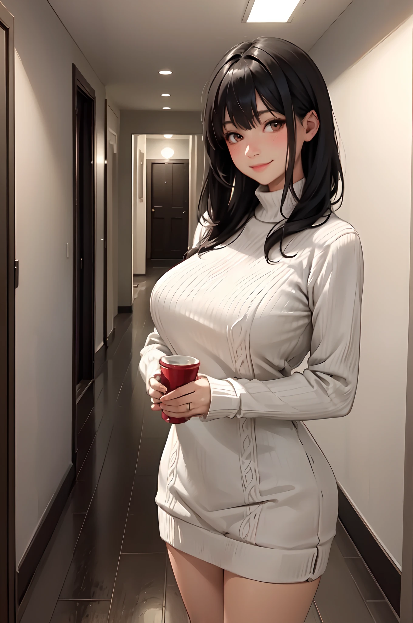 1lady standing, /(ribbed sweater/) red sweater, mature female, /(black hair/) bangs, blush kind smile, (masterpiece best quality:1.2) delicate illustration ultra-detailed, large breasts BREAK /(modern house hallway/)