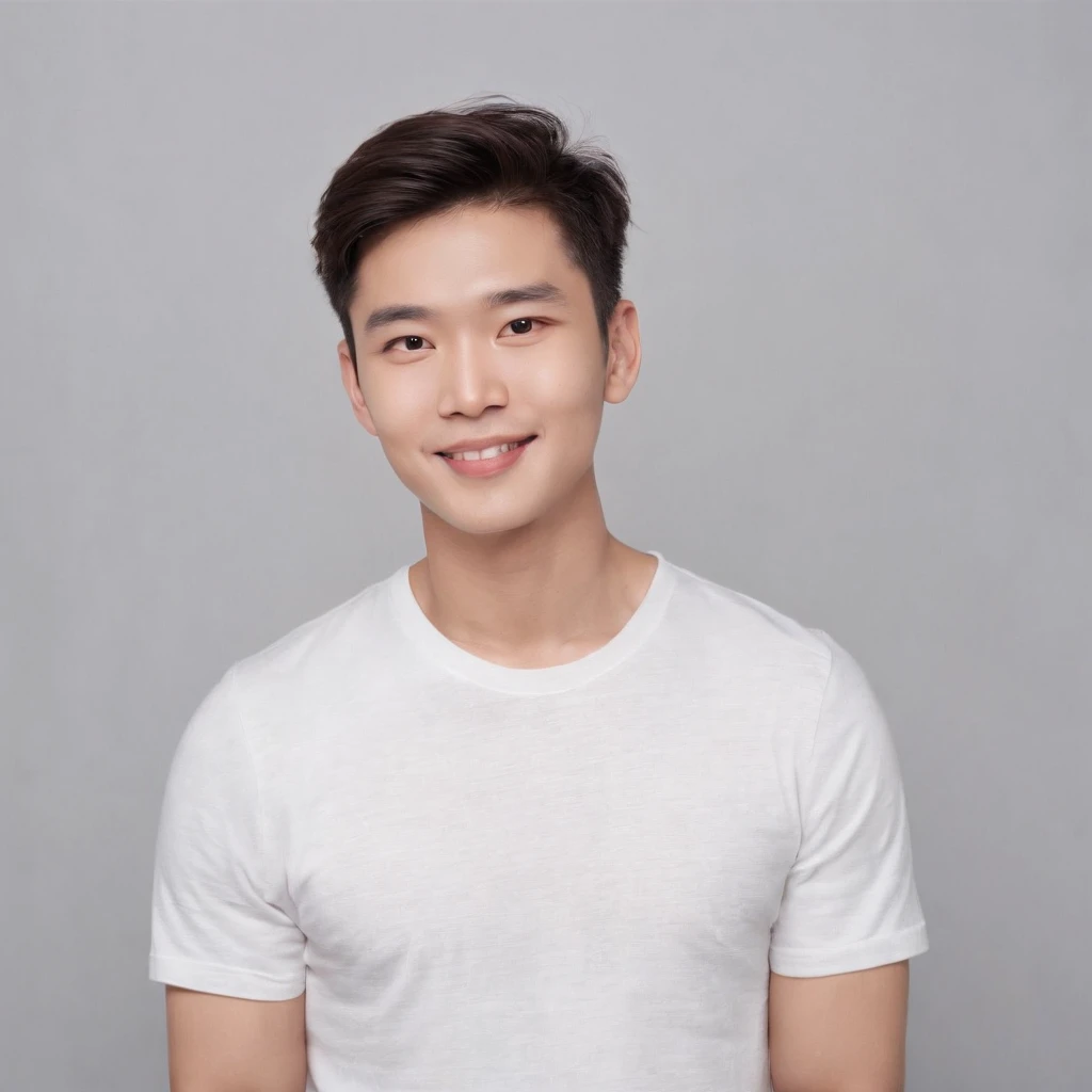 (Photo: 1.3) af (realistic: 1.3), East Asian man, soft light, clear face, front, ((white T-shirt)), cheerful, warm light, ((gray-white gradient background)), smile, (background)) ,avatar,(short hair),handsome,young,,short hair,((avatar))