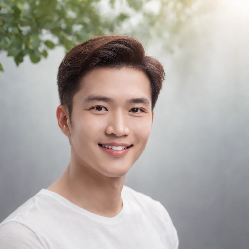 (Photo: 1.3) af (realistic: 1.3), East Asian man, soft light, clear face, front, ((white T-shirt)), cheerful, warm light, ((gray-white gradient background)), smile, (background)) ,avatar,(short hair),handsome,young,,short hair,((avatar))