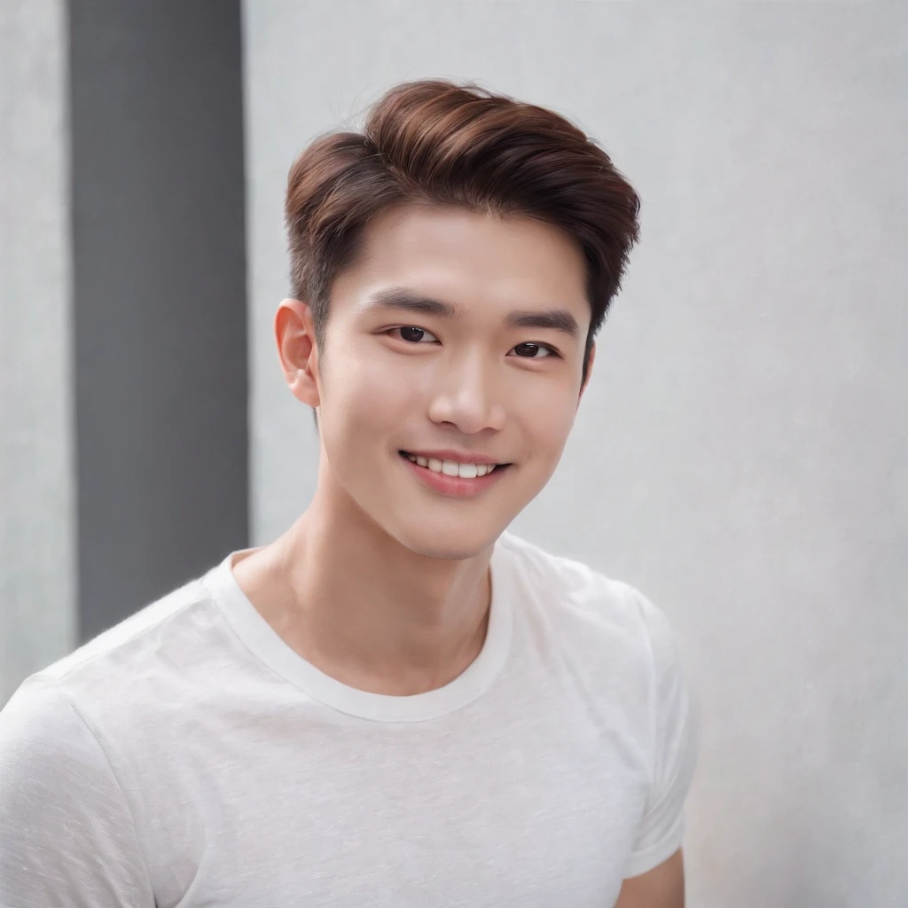 (Photo: 1.3) af (realistic: 1.3), East Asian man, soft light, clear face, front, ((white T-shirt)), cheerful, warm light, ((gray-white gradient background)), smile, (background)) ,avatar,(short hair),handsome,young,,short hair,((avatar))