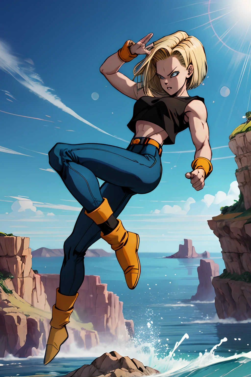 dbz, android 18, charging energy, floating above water, blue aura, high res, cliffs in background, people in the background