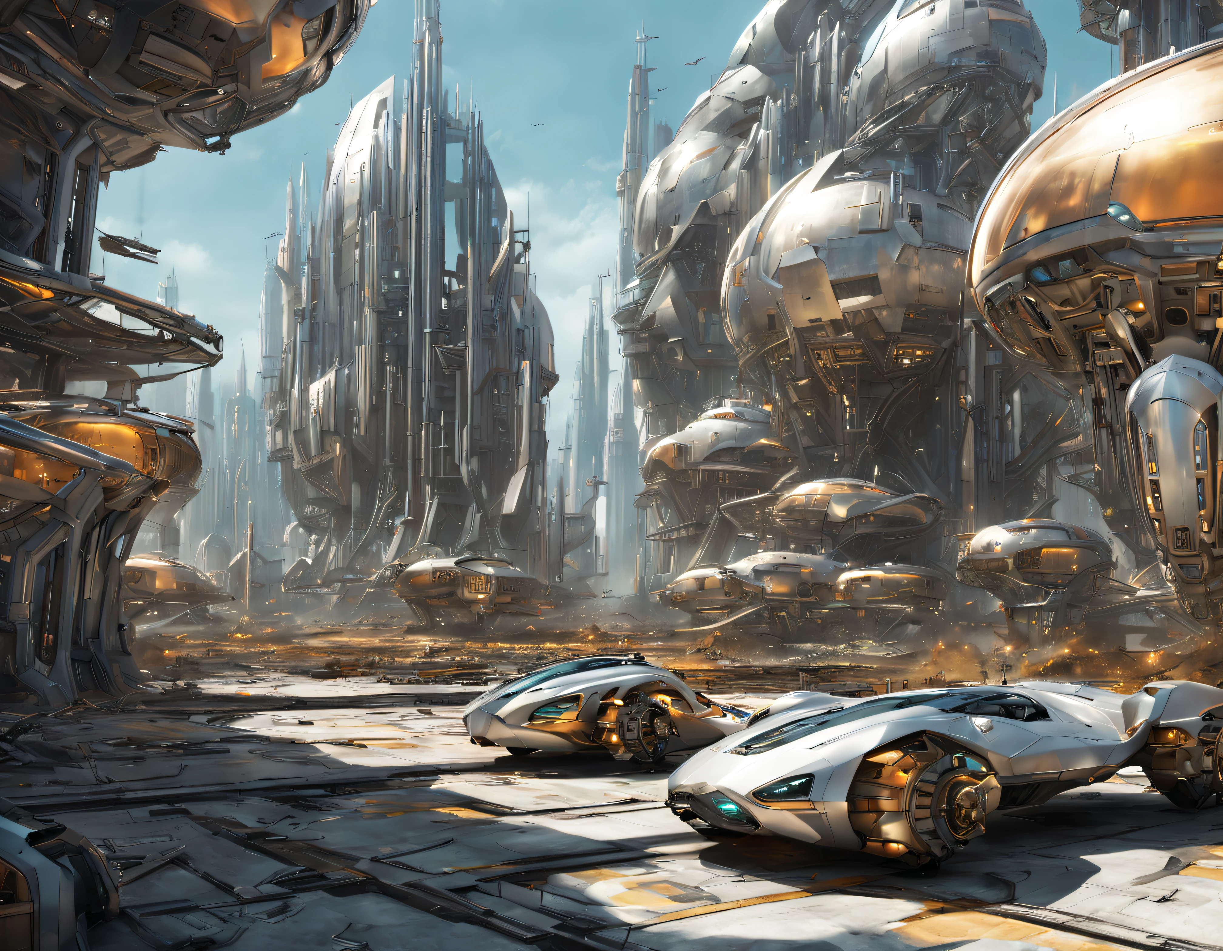 On an unknown planet there is a futuristic city with immense buildings of technological design, con estructuras acristaladas en plata, oro y bronce y maquinarias espectaculares en la que sobrevive un robot femenino espectacular. con colores vivos. pavimento ensolado.