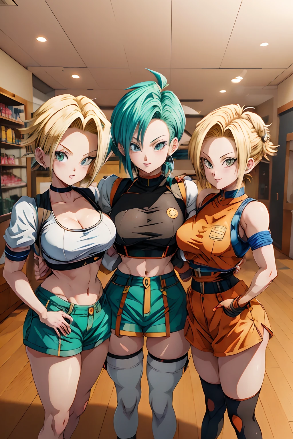 three anime characters are posing for a picture together, saiyan girl, ecchi anime style, dragon ball style, bulma from dragon ball, in anime style, fan art, hq artwork,  dragon ball z style, anime girls, android 18, official fanart, hd artwork, dragon ball artstyle, :14 80s anime style