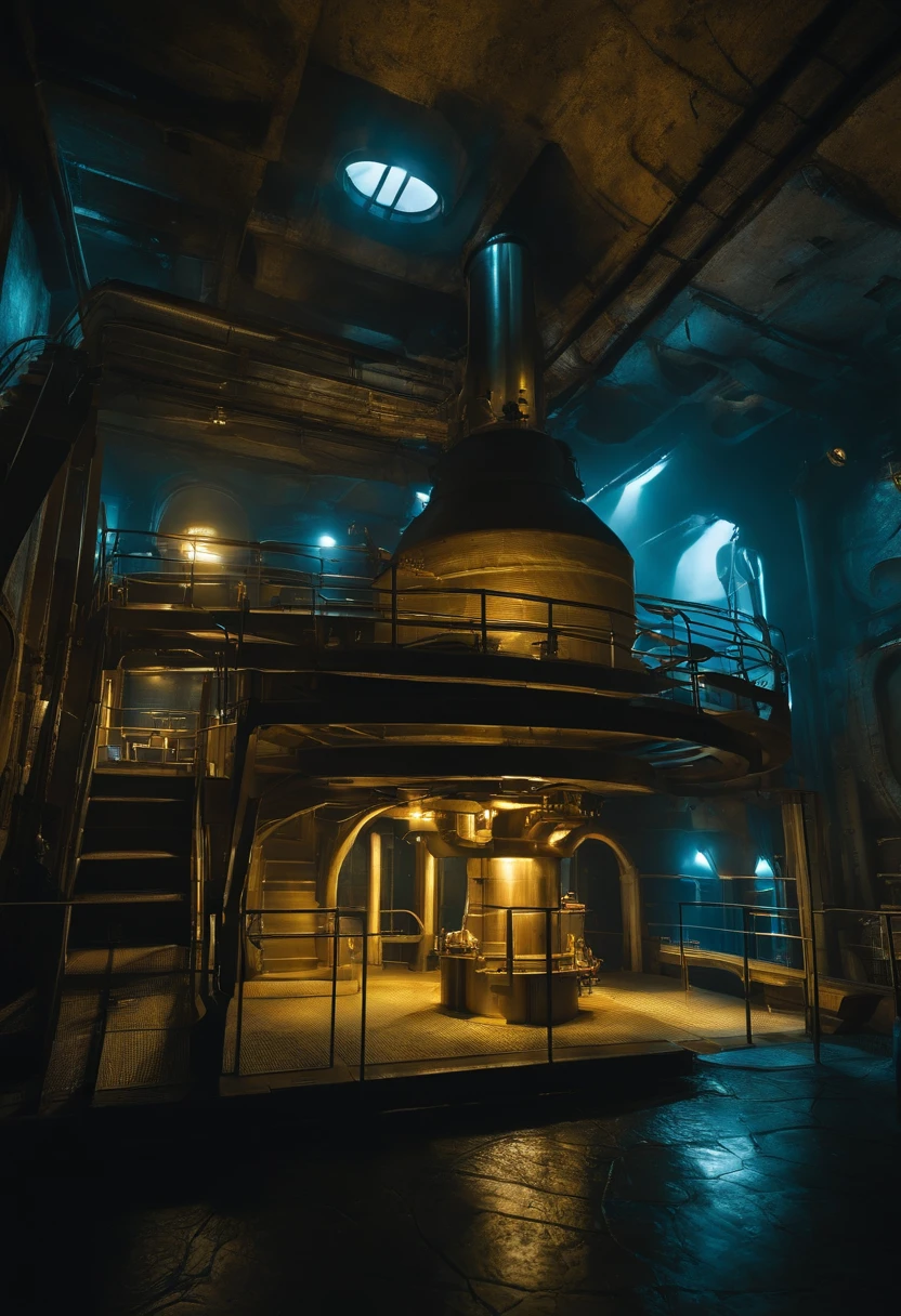 Europa's deep-sea outpost,There are nuclear reactors。Insiders come and go,There are several stairs that go vertically upwards,Submarine junction hall,sci-fy,Azure walls。