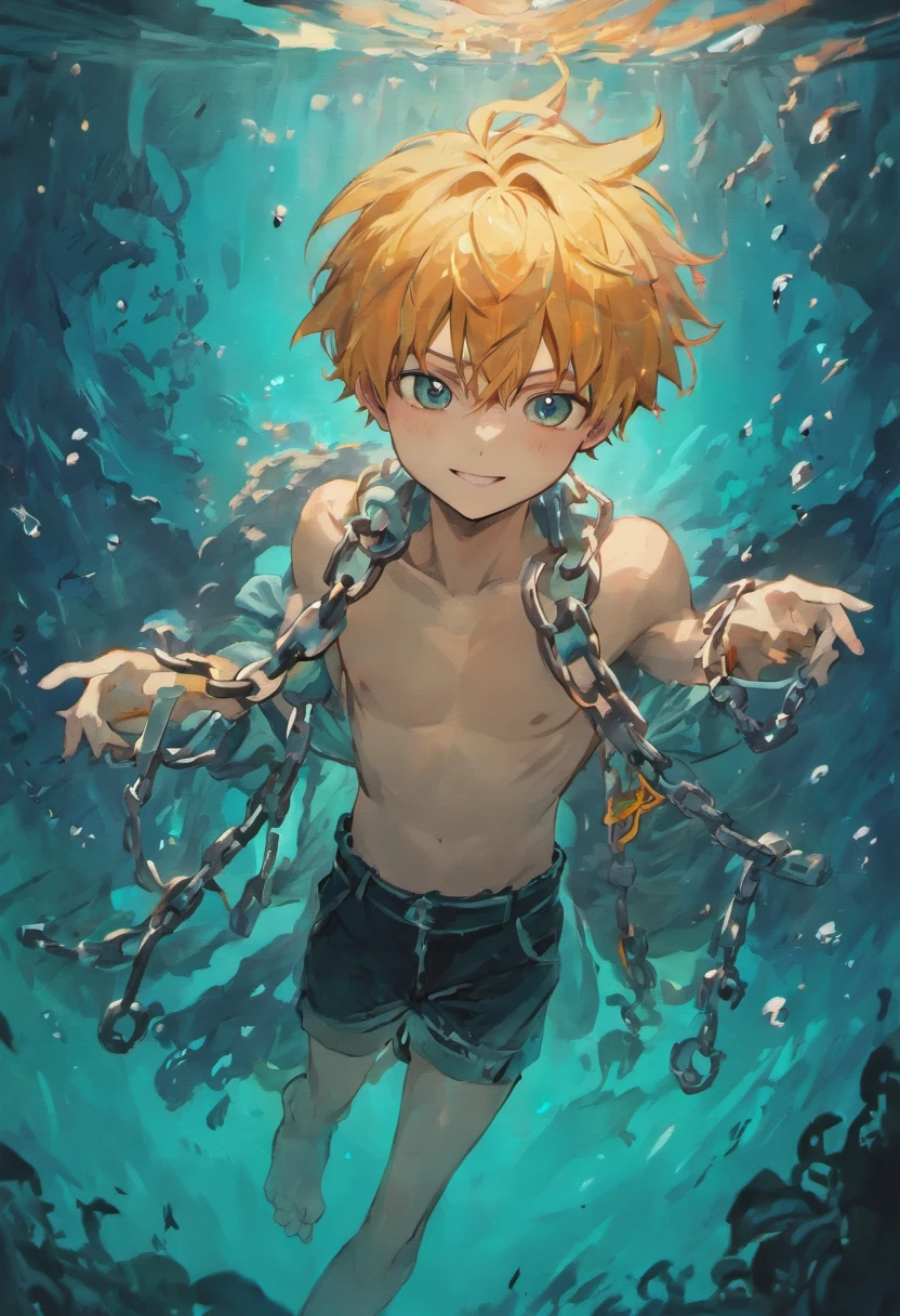 A boy in chains all over his body,Smile and sink to the bottom of the sea
