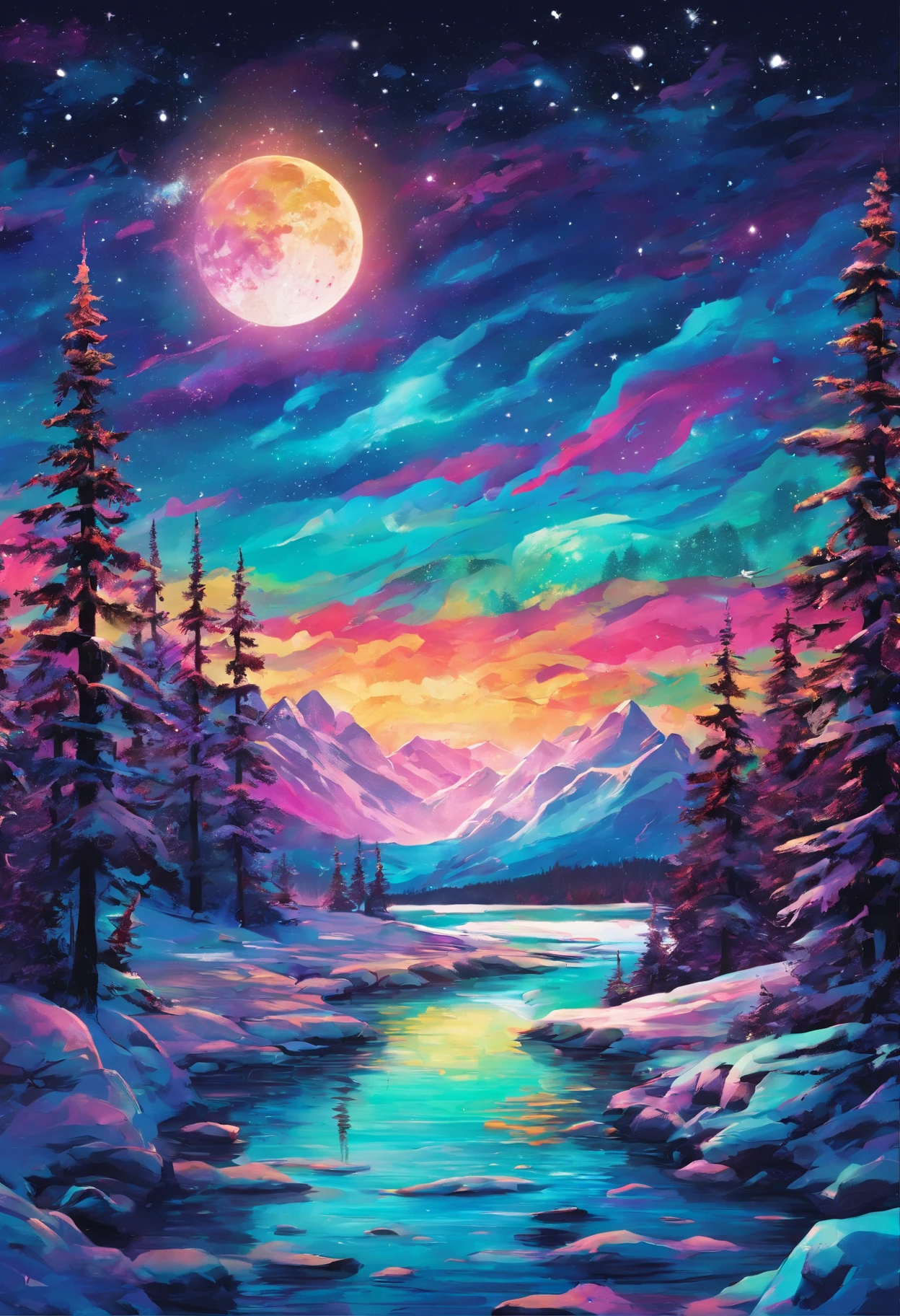 (best quality,4k,8k,highres,masterpiece:1.2),ultra-detailed,(realistic,photorealistic,photo-realistic:1.37),vibrant colors,ethereal,aurora borealis,night sky,northern lights,reflective water,tranquil atmosphere,winter wonderland,sparkling stars,jewel-toned sky,dancing lights,magical,sublime,luminous,glowing horizon,frozen landscape,snow-covered trees,black silhouettes,enchanting,glimmering,awe-inspiring,serene,starry night,majestic,cosmic,peaceful,icy mountains,moonlit glow,pristine,euphoric.