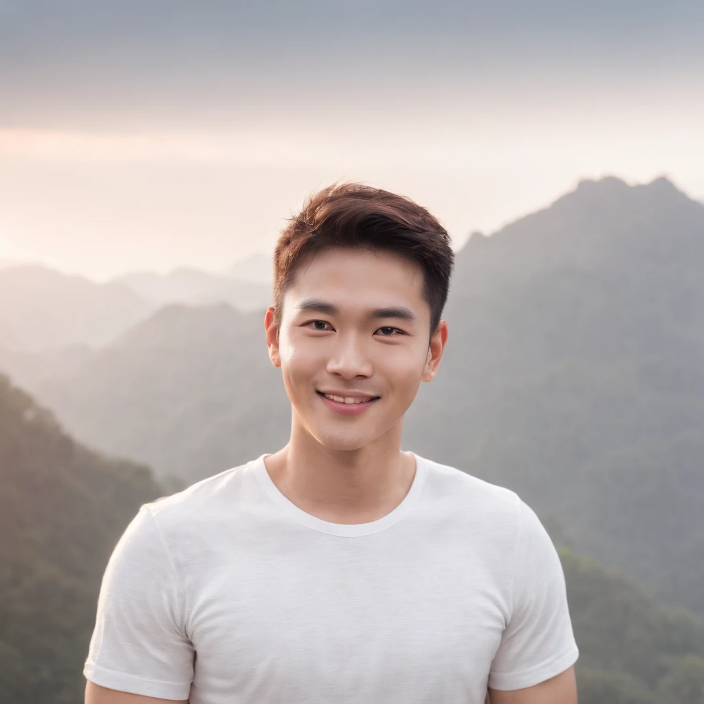(Photo: 1.3) af (realistic: 1.3), East Asian man, soft light, clear face, front, ((white T-shirt)), cheerful, warm light, ((gray-white gradient background)), smile, (background)) ,avatar,(short hair),handsome,young,,short hair,((avatar))