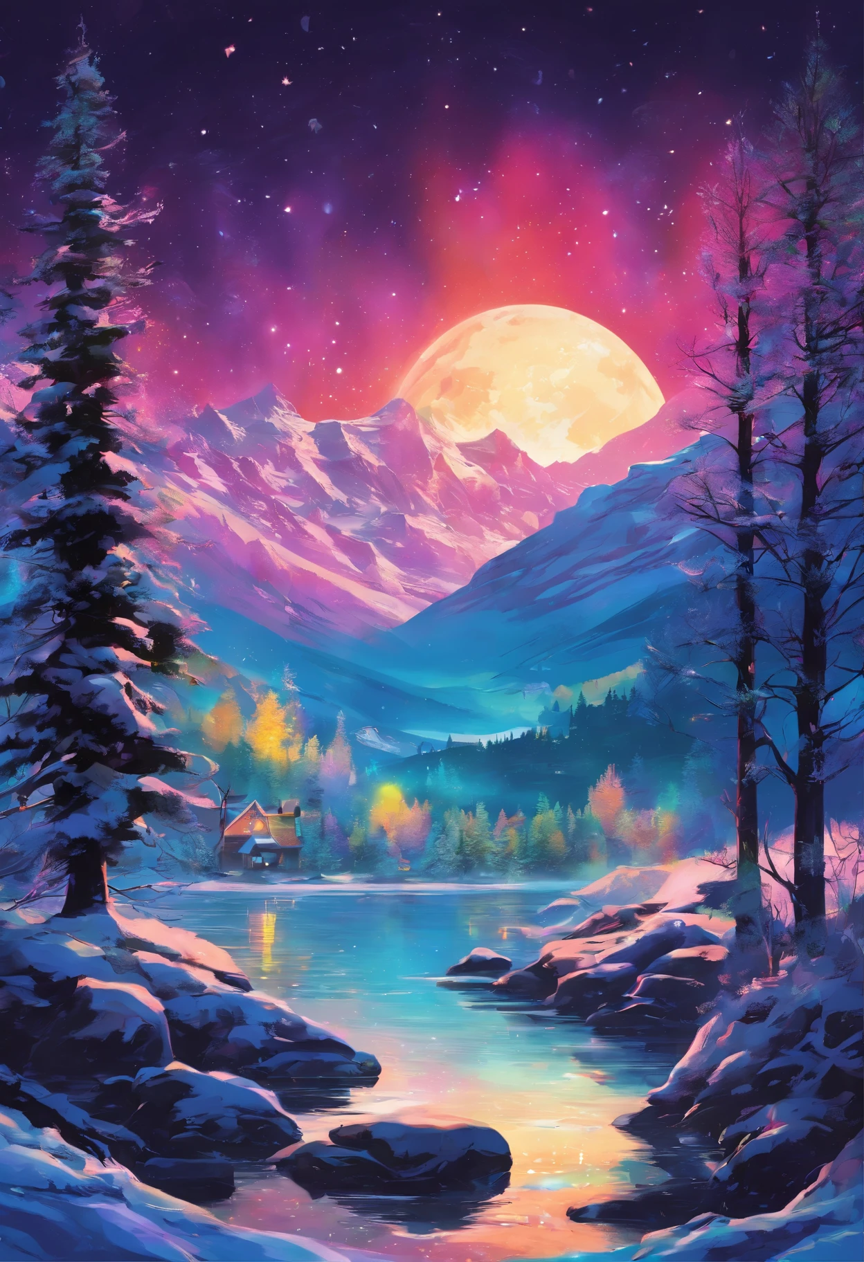 (best quality,4k,8k,highres,masterpiece:1.2),ultra-detailed,(realistic,photorealistic,photo-realistic:1.37),vibrant colors,ethereal,aurora borealis,night sky,northern lights,reflective water,tranquil atmosphere,winter wonderland,sparkling stars,jewel-toned sky,dancing lights,magical,sublime,luminous,glowing horizon,frozen landscape,snow-covered trees,black silhouettes,enchanting,glimmering,awe-inspiring,serene,starry night,majestic,cosmic,peaceful,icy mountains,moonlit glow,pristine,euphoric.
