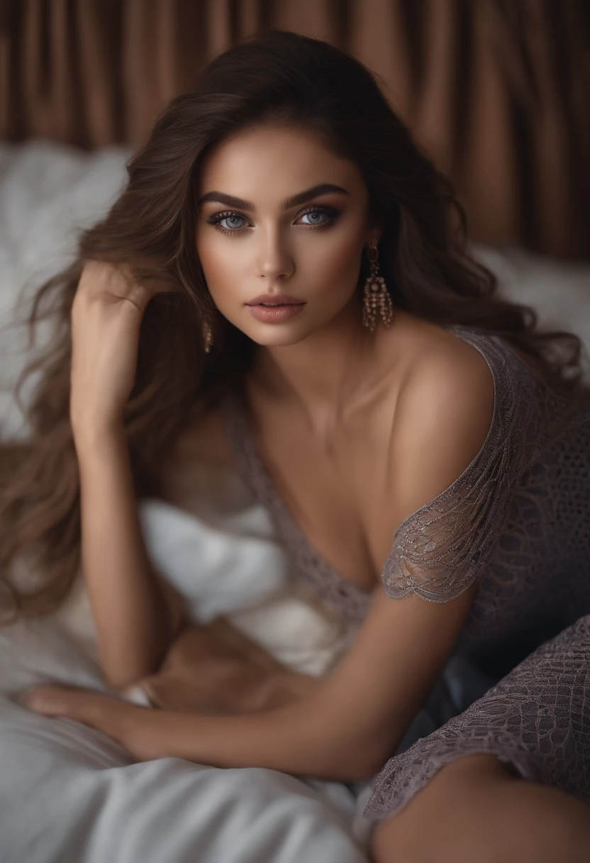 Arafed woman completely , fille sexy aux yeux bleus, ultra realist, Meticulously detailed, Portrait Sophie Mudd, wavy brown hair and big eyes, selfie of a young woman, Dubai Eyes, Violet Myers, sans maquillage, maquillage naturel, looking straight at camera, Visage avec Artgram, Maquillage subtil, Great photo of the whole body kneeling on the bed, dans la chambre, Medium to large bust