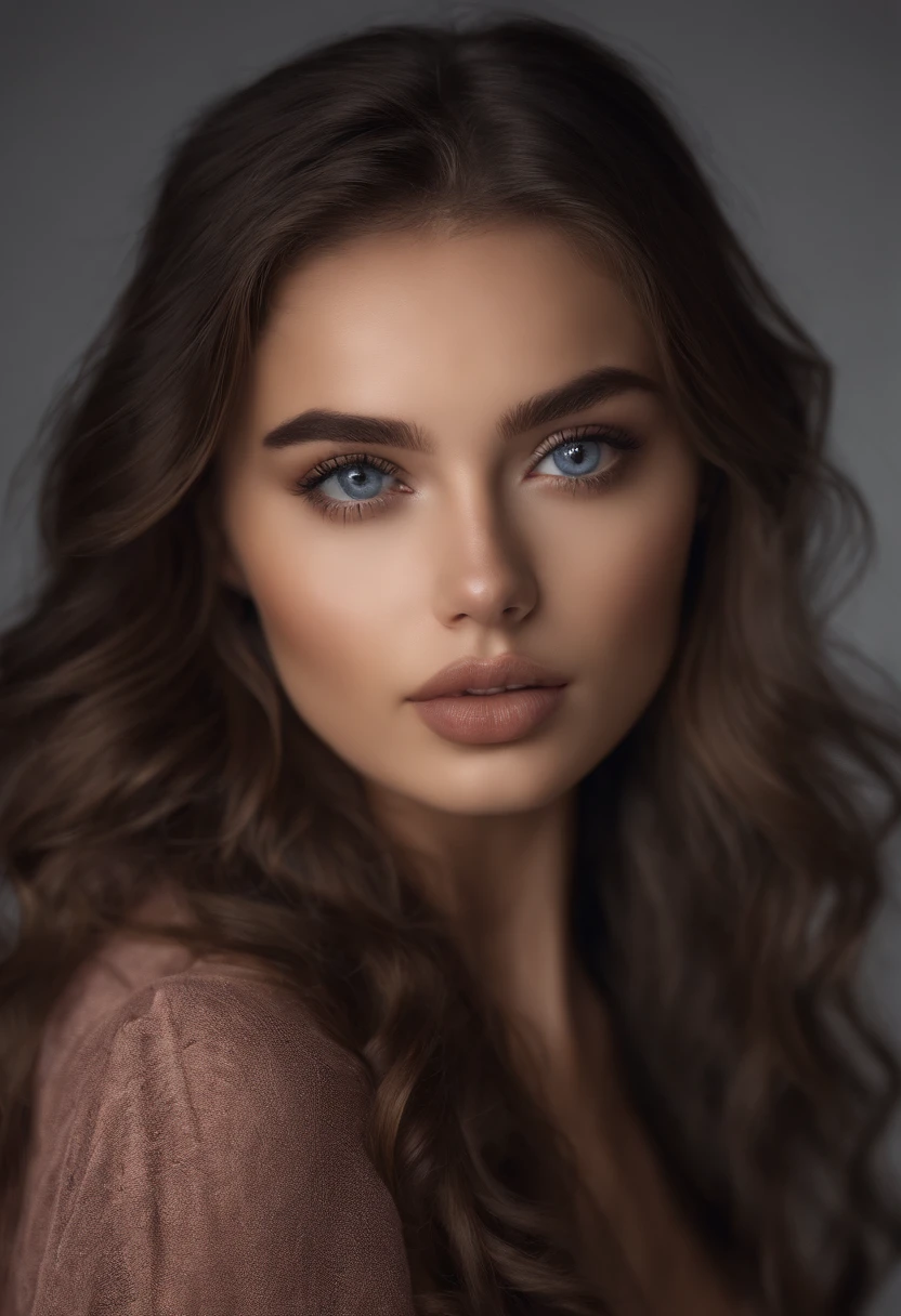 Arafed woman completely , fille sexy aux yeux bleus, ultra realist, Meticulously detailed, Portrait Sophie Mudd, wavy brown hair and big eyes, selfie of a young woman, Dubai Eyes, Violet Myers, sans maquillage, maquillage naturel, looking straight at camera, Visage avec Artgram, Maquillage subtil, Great photo of the whole body kneeling on the bed, dans la chambre, Medium to large bust