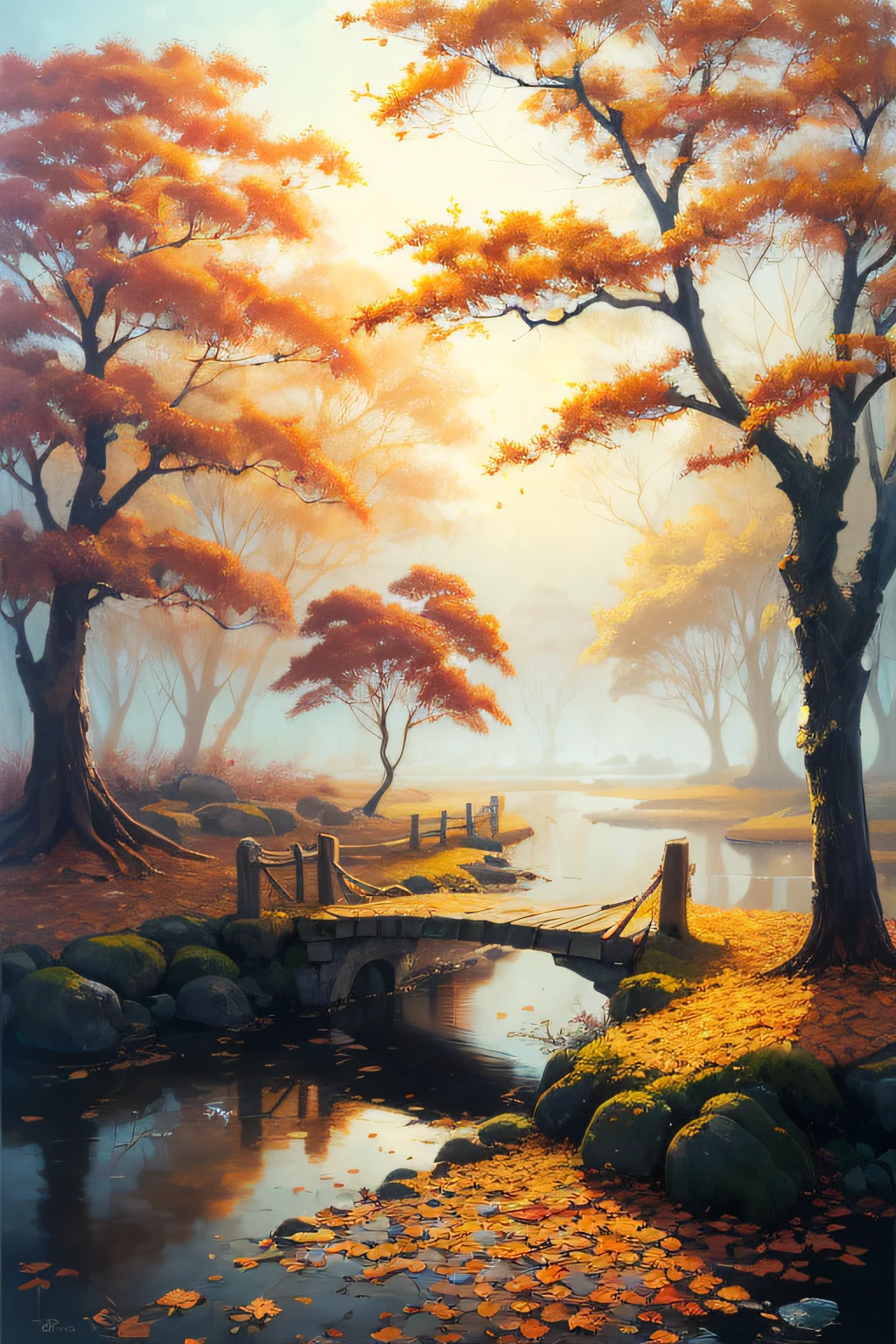dreamlike art,hoang lap,A high resolution,tmasterpiece,best qualityer,autumnal,tree branch,Frost,foliage,the fruits,amarelo,o cachorrinho
