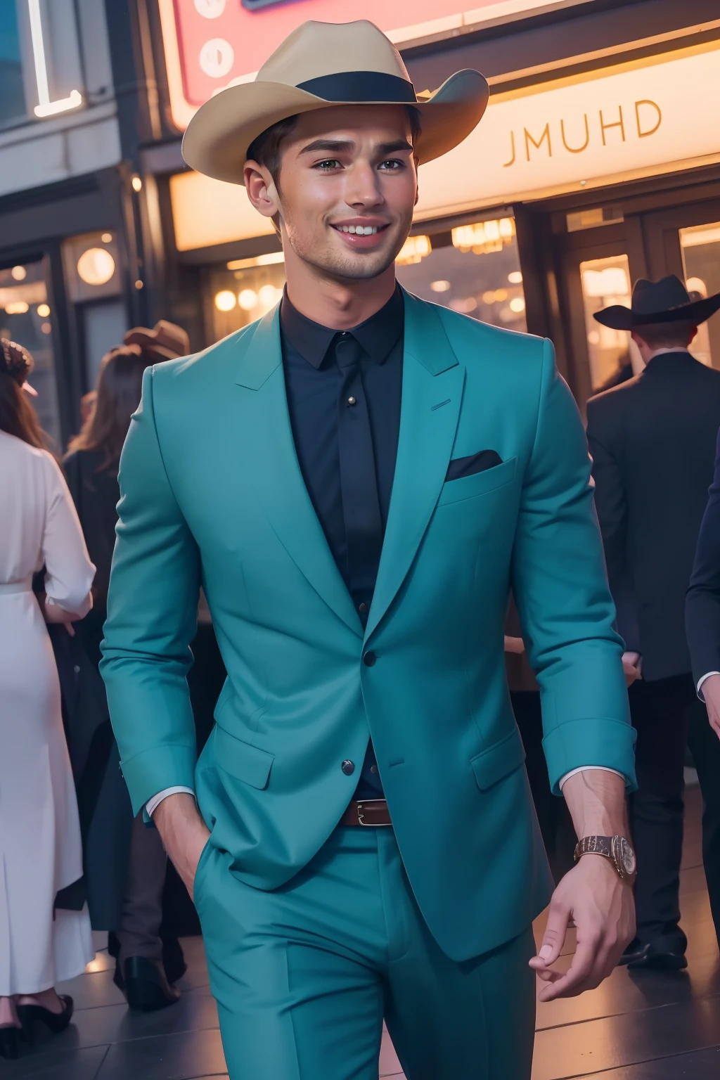year: 2023. Location: Londres. Pre-Raphaelite scene with a 27-year-old Theo James, ((bachelor party)), cowboy hat, city club, night, (((joyful smile))), looking away, ((((Clothing from the 2020s)))) ((Hairstyle of the 2020s)), pastel colors, (((cinematic style)))