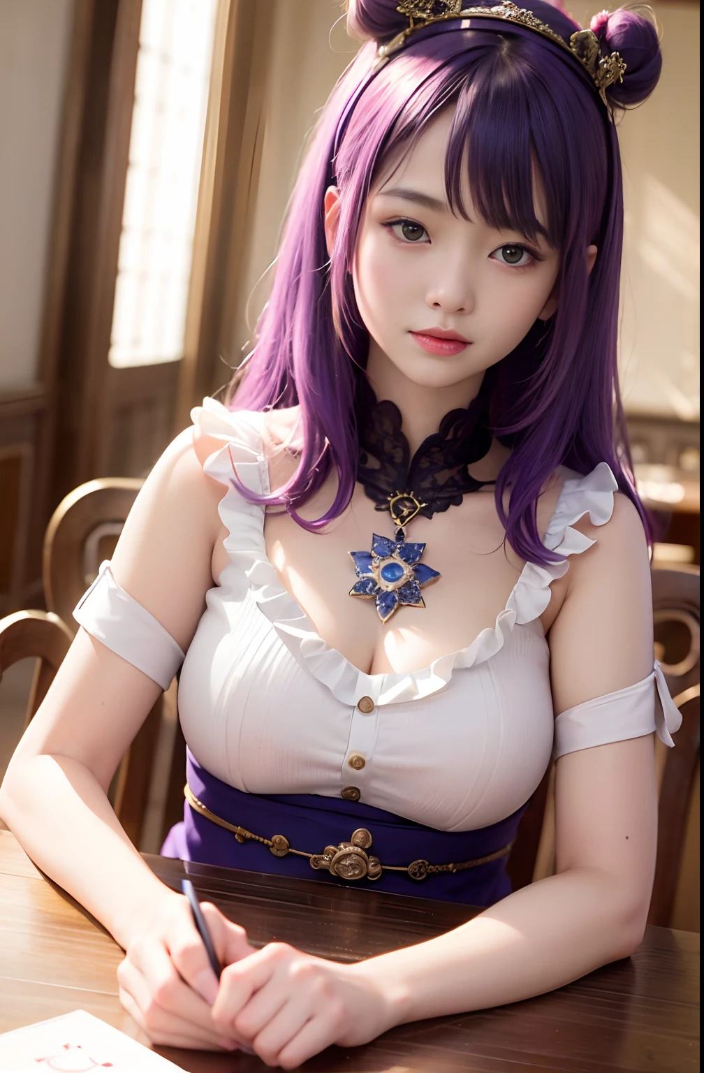 (RAW Photography、top-quality)、(realisitic、Photorealsitic:1.3)、top-quality、ighly detailed、masterpiece、ultra-detailliert、dynamic ungle、world masterpiece theater、messy_long_hair、top-quality、the Extremely Detailed CG Unity 8K Wallpapers、inky、magnifica、lighting like a movie、lens_flare、、dunhuang_style、Renomanka female soothsayer,Purple hair,Gentle smile,On the table is a Renoman card,The candlestick on the table is lit、