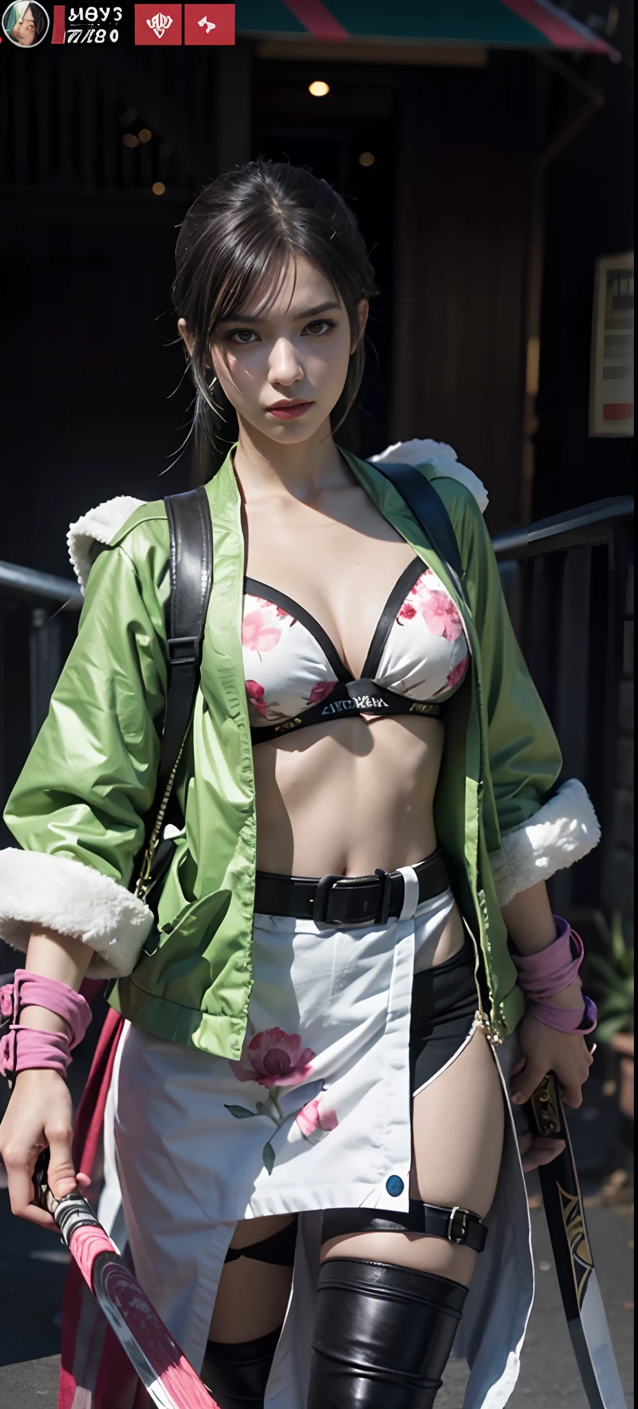a close up of a person in a costume with a sword, as a character in tekken, female character, tifa lockhart with white hair, katana zero video game character, lunar themed attire, kda, slim body, cyborg - girl with silver hair, upper body avatar, (( medium breast;1.2)), fashion gameplay screenshot, fighting game character, new character, floralpunk elysian maiden, sigma female
