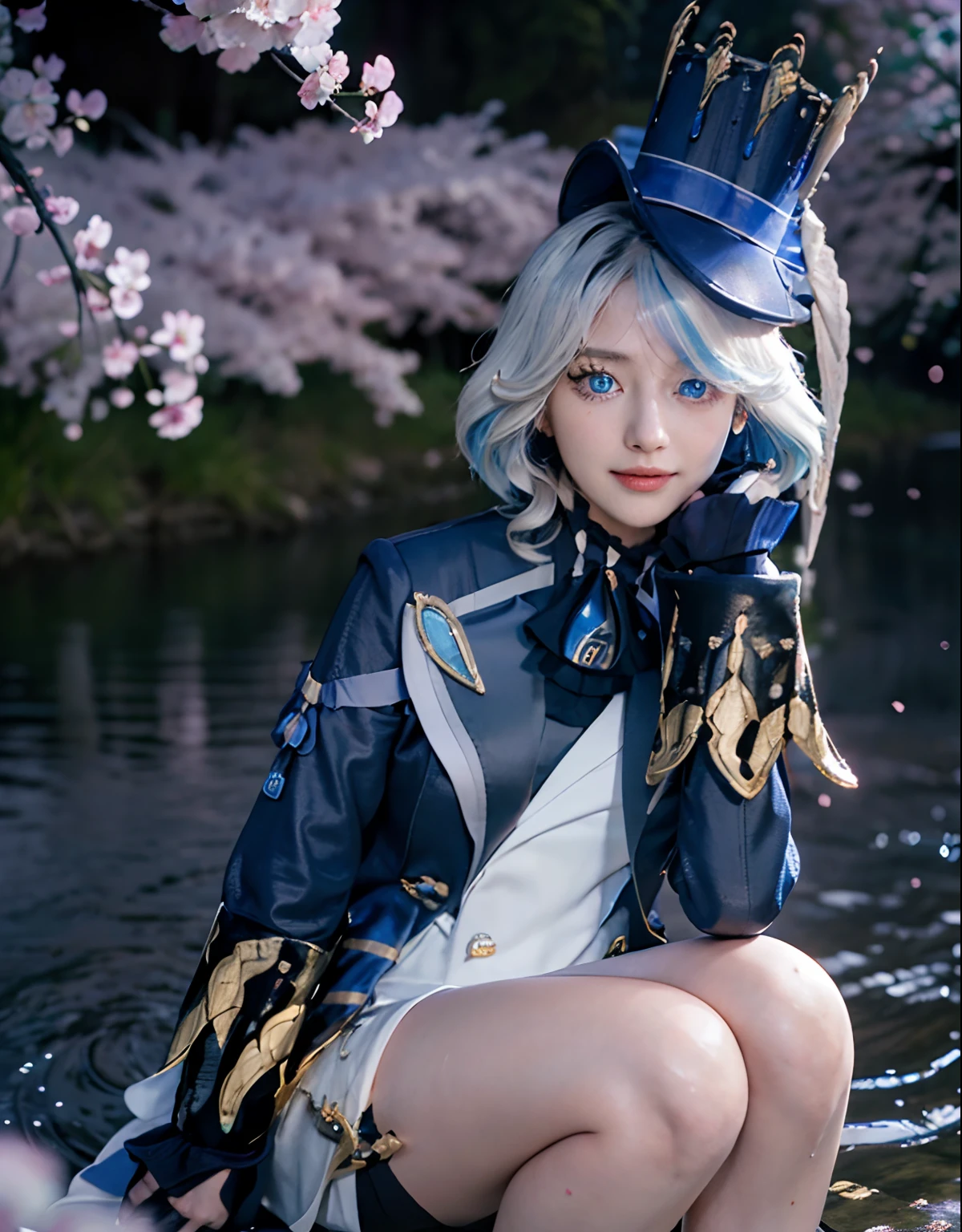 masutepiece, Best Quality, Ultra-detailed, glistening shiny, Glowing light, Ray tracing, nffsw, deph of field,Raw photo、realisitic、8K、 (Perfect face, Detailed face, Detailed eyes,Perfect hands),(medium boobs:1.2),8K,hard disk,An ultra - realstic face,Ray tracing,Perfect Lighting,Best Quality, Ultra-detailed, shiny eyes, (Looking at Viewer,Smile with open mouth:1.1), ((1girl in)), (maturefemale:1.4),Cowboy Shot,thighs thighs thighs thighs,POV,
Furina,Long hair,((Gradient Hair)),multicolored eyes, Gradient Eyes, (Glowing eyes:1.5), mascara, (fashion make up), Parted lips,blush,Shirt, gloves, Long sleeves, hat,Jewelry,Jacket, White shirt, flower,Shorts, Black Gloves,ascot, Thigh strap, Blue jacket, brooches, Pedras preciosas, blue headwear, blue flower, White shorts, hat flower, Blue Rose, Inclined hat, blue gemstone, Blue Ascot
((In the middle of the Japan countryside,Japan Bridge,Across the bridge,River,cherry trees,Cherry blossom petals,Dark blue sky,Sichuan carp)),(Complex background, Many elements of the background:1.2),((hyper detailed background)), Mistress pose, ((8K Wallpaper)),