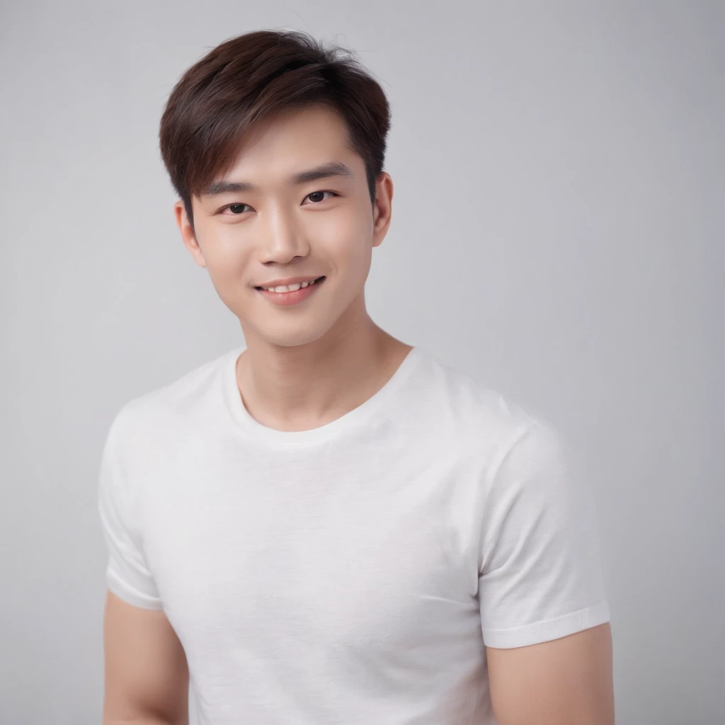 (Photo: 1.3) af (realistic: 1.3), East Asian man, soft light, clear face, front, ((white T-shirt)), cheerful, warm light, ((gray-white gradient background)), smile, (background)) ,avatar,(short hair),handsome,young,,short hair,((avatar))