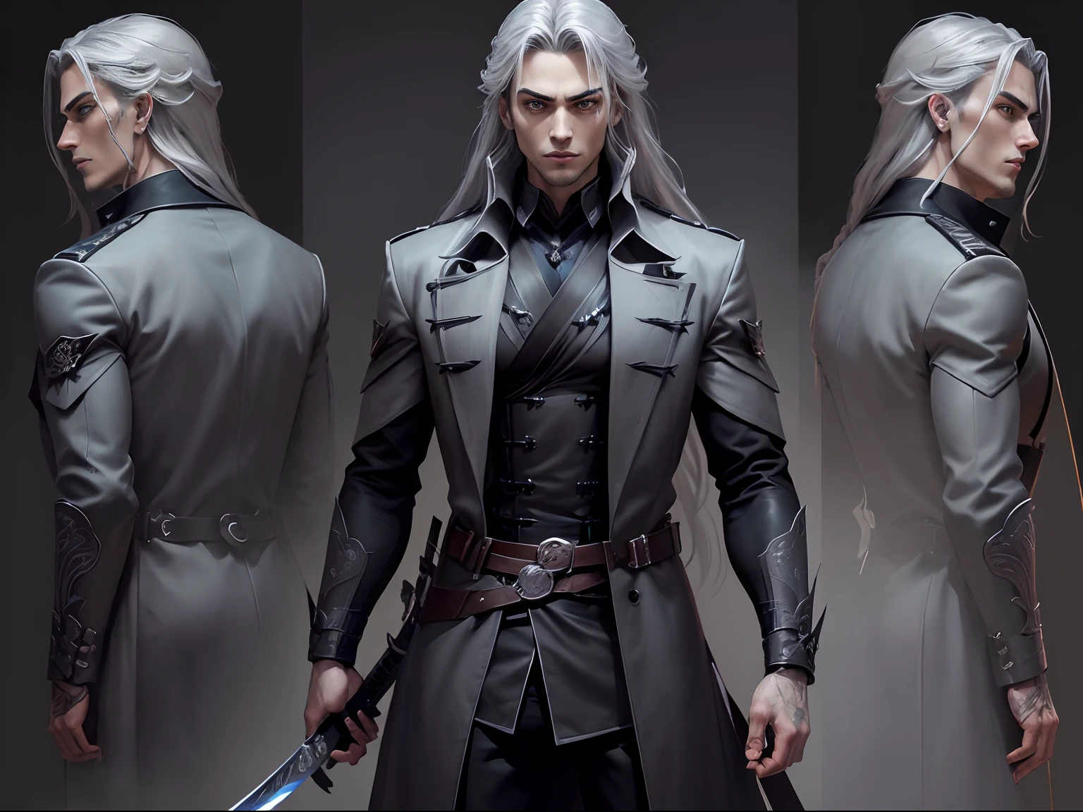 (A Handsome 25 years old British Male Vampire Swordsman, (Long Silver Hair), (Wearing Blue Trench Coat, Black Shirt, and Black Pants), (Has Katana as His Weapon), (Character Concept Art), (Grey Background:1.4), (Character Sheet:1.6), Character Sketch, Stylized Digital Arts, Bits of Color, Masterpiece, Hand Drawn Sketch, (Realistic Drawing:1.4), High Detail, (Mix of Bold Dark Lines and Loose Lines), Bold Lines, Writings, Arcane Symbols, Runes, Gritty, Dark Theme, Intricate Artwork, 8k