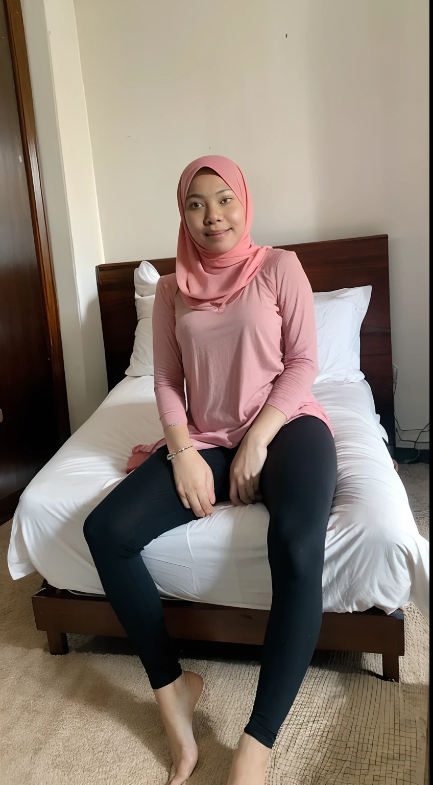 Young malay 20 years old wearing hijab, red pastel color hijab, wear big oversized white tshirt and black leggings, nighttime, front view, sleeping in bed , bedroom pink , naked