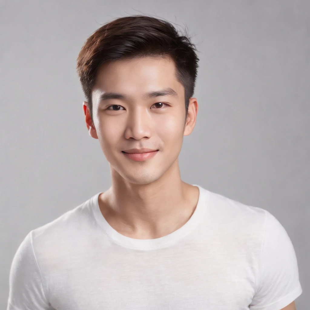 (Photo: 1.3) af (realistic: 1.3), East Asian man, soft light, clear face, front, ((white T-shirt)), cheerful, warm light, ((gray-white gradient background)), smile, (background)) ,avatar,(short hair),handsome,young,,short hair,((avatar))