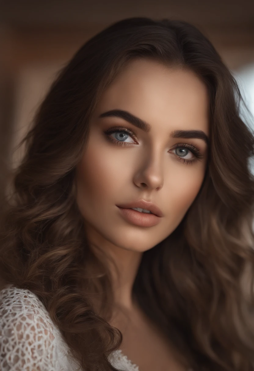 Arafed woman completely , fille sexy aux yeux bleus, ultra realist, Meticulously detailed, Portrait Sophie Mudd, wavy brown hair and big eyes, selfie of a young woman, Dubai Eyes, Violet Myers, Lana Rohades, sans maquillage, maquillage naturel, Looking with desire at the camera, Visage avec Artgram, Maquillage subtil, Great photo of the whole body kneeling on the bed, dans la chambre, Medium to large bust