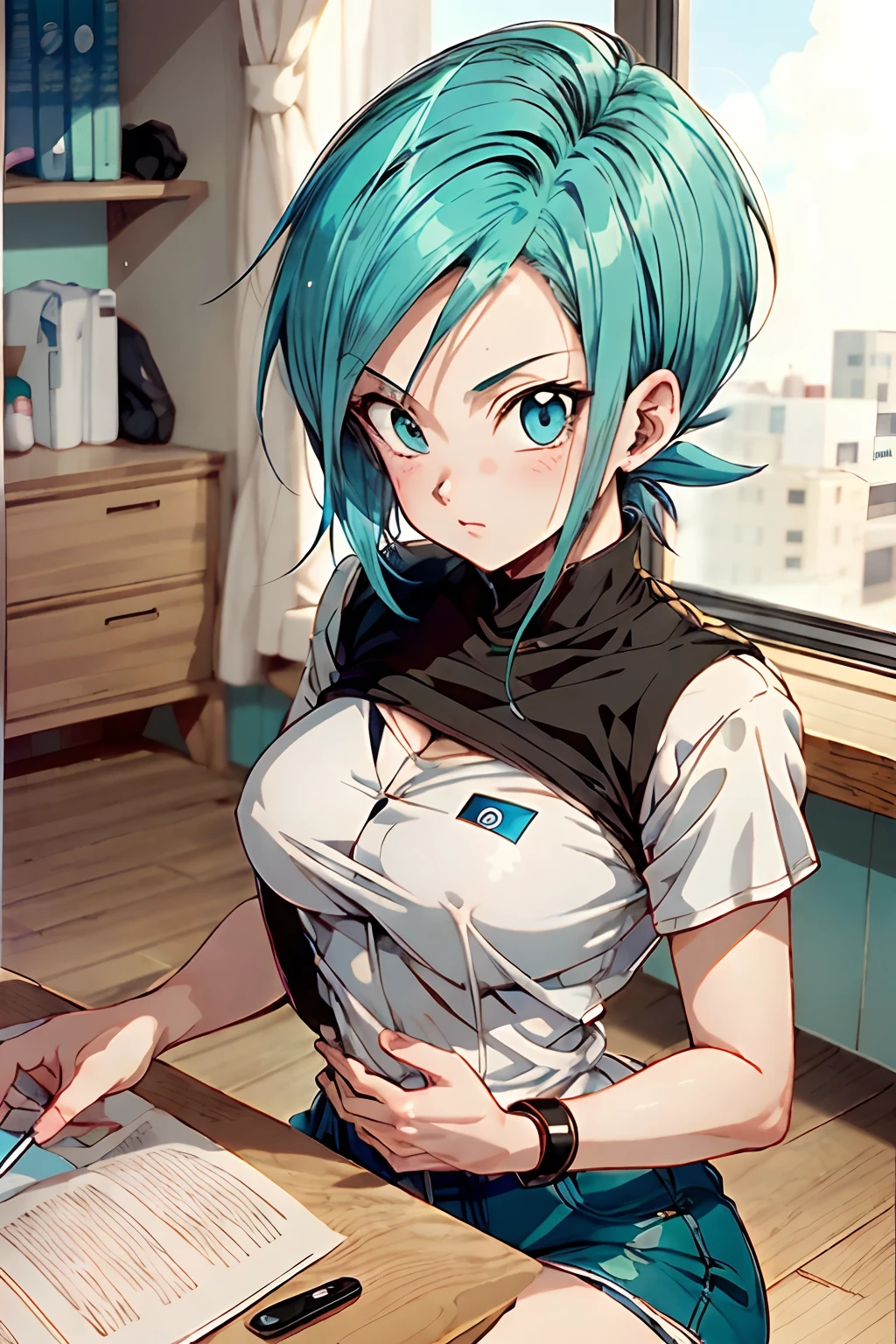 a close up of a person with blue hair sitting at a table, bulma from dragon ball, saiyan girl, short blue haired woman, anime girl named lucy, anime style”, fubuki, female goku, girl with blue hair, toriyama akira, seductive anime girl, furr covering her chest, by Akira Toriyama, 90s anime style