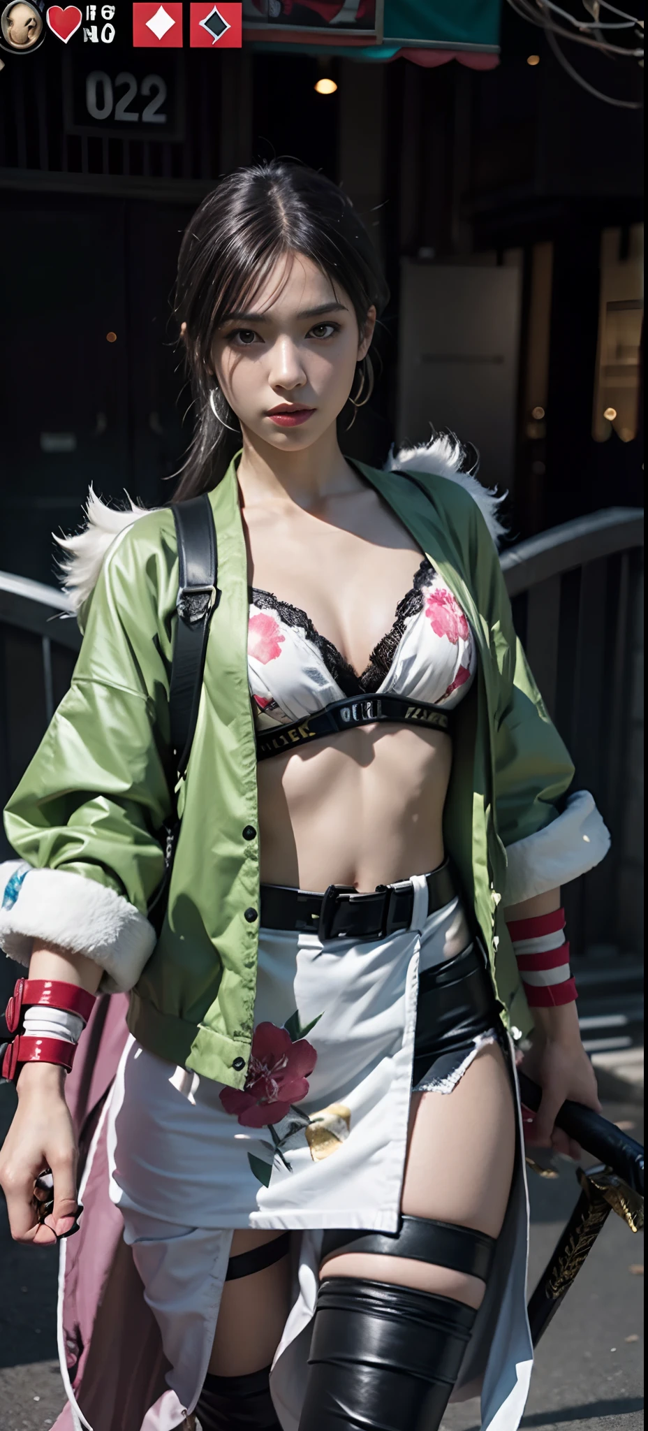 a close up of a person in a costume with a sword, as a character in tekken, female character, tifa lockhart with white hair, katana zero video game character, lunar themed attire, kda, slim body, cyborg - girl with silver hair, upper body avatar, (( medium breast;1.2)), fashion gameplay screenshot, fighting game character, new character, floralpunk elysian maiden, sigma female