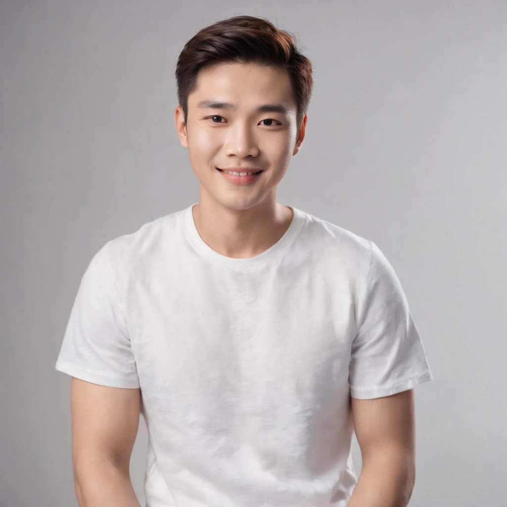 (photo: 1.3) af (realistic: 1.3), East Asian man, soft light, clear face, (front), ((white T-shirt)), cheerful, warm light, ((gray-white gradient background)), smile, (background )), avatar, (short hair), handsome, young,, short hair, ((avatar))