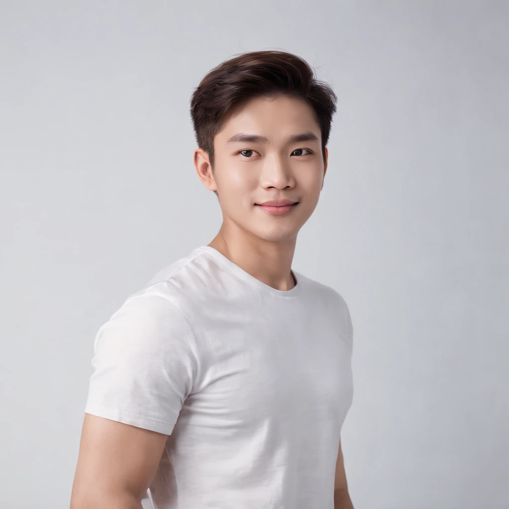 (Photo: 1.3) af (realistic: 1.3), East Asian man, soft light, clear face, front, ((white T-shirt)), cheerful, warm light, ((gray-white gradient background)), (background)) ,avatar,(short hair),handsome,young,,short hair,((avatar))
