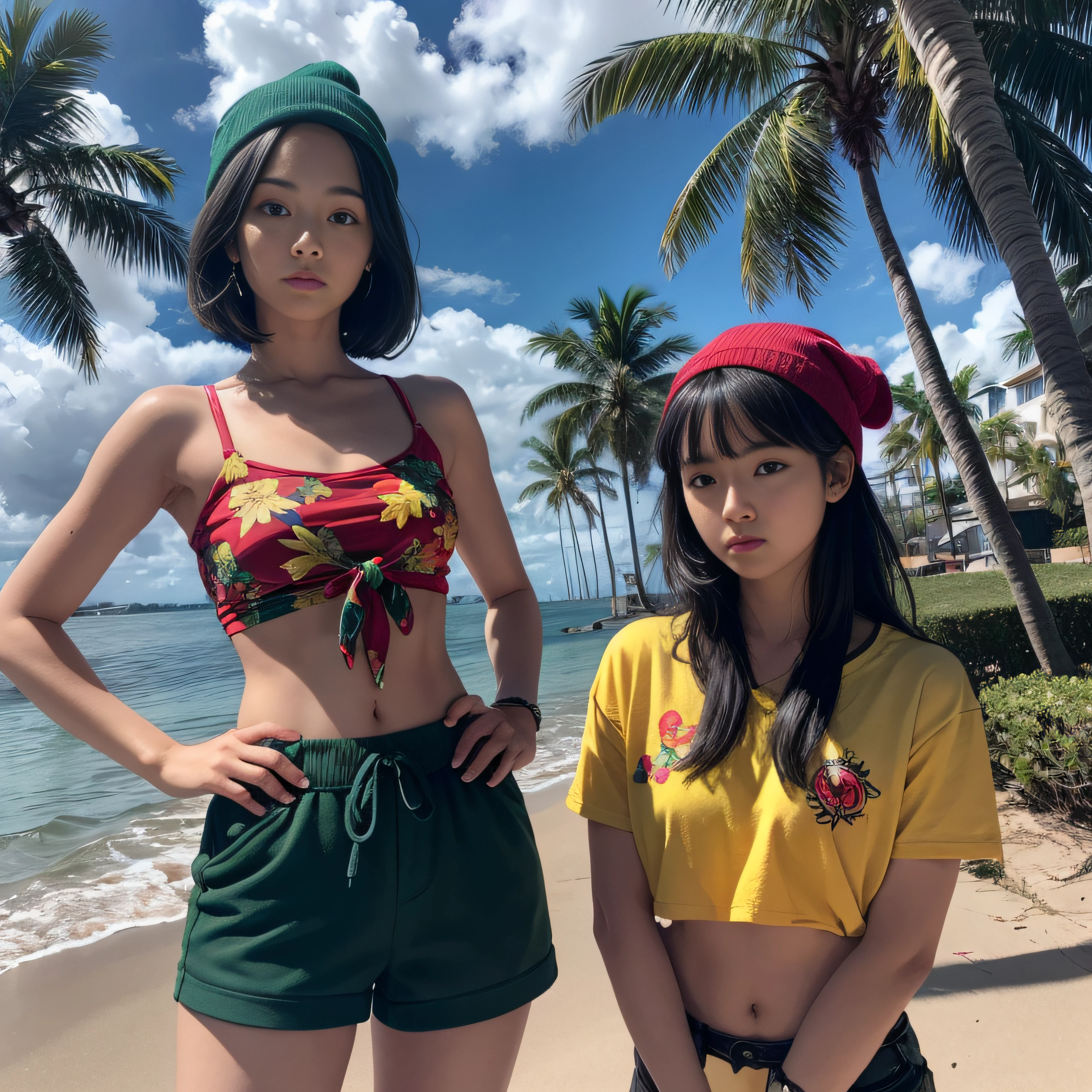 selene,girl, black eyes, short black hair, green shorts, red beanie,yellow floral shirt, tied shirt, midriff, looking at viewer, serious, 
standing, hands on hips, outside, beach house, palm trees, blue sky, 
extreme detail, hdr, realistic detail, analog,