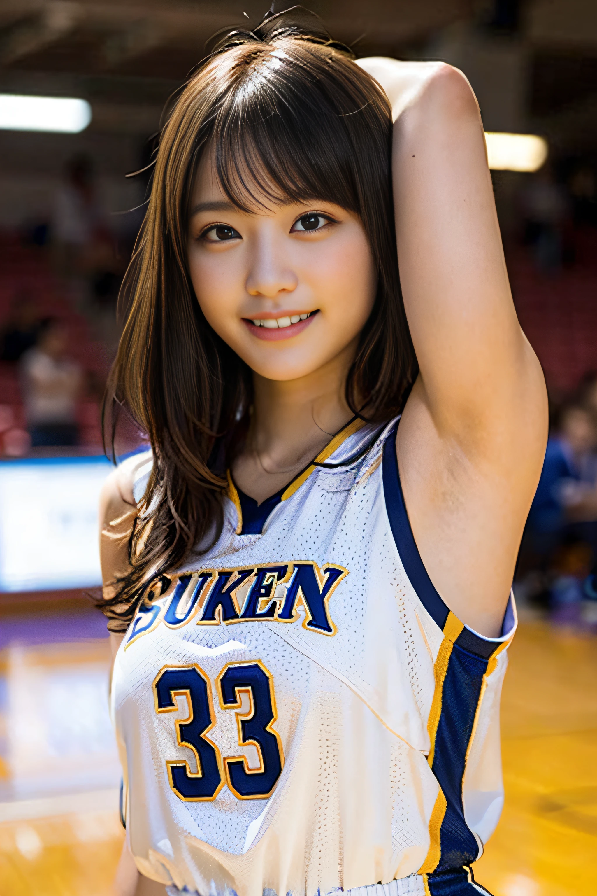 (8K、Raw photography、top-quality、​masterpiece:1.2)、(realisitic、Photorealsitic:1.37)、ultra-detailliert、超A high resolution、女の子1人、see the beholder、beautifull detailed face、A smile、Constriction、(Slim waist) :1.3)、Beautiful detailed skin、Skin Texture、Floating hair、Professional Lighting、Whole human body、Longhaire、a blond、Bob Hair、F-cup、Happy smile、sixteen years old、a baby face、Childish smile、Suppin、Basketball Uniforms、Sleeveless、Basketball Game Venues、Armpit poses、Pose of the serve、Chest visible from the armpits